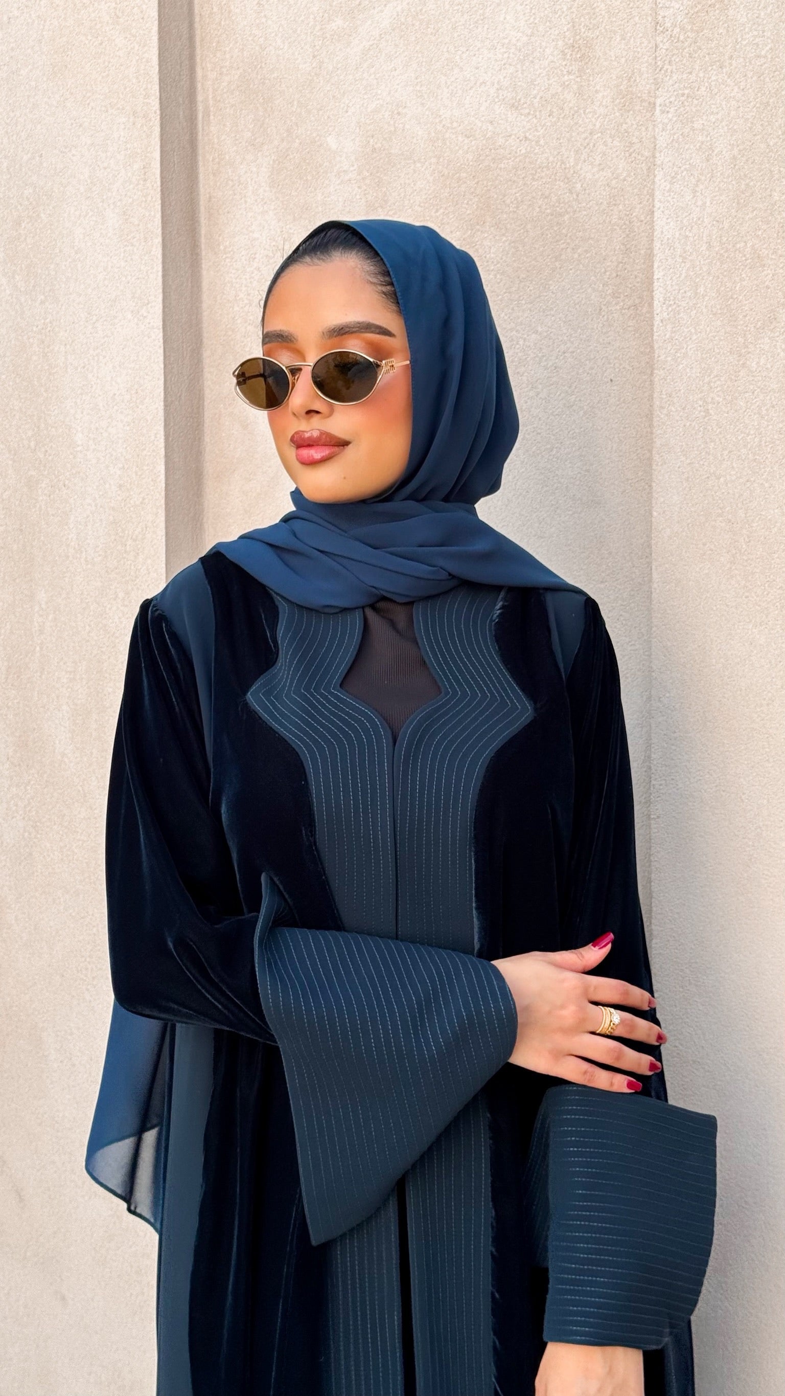 Turquoise Velvet And Crepe Abaya