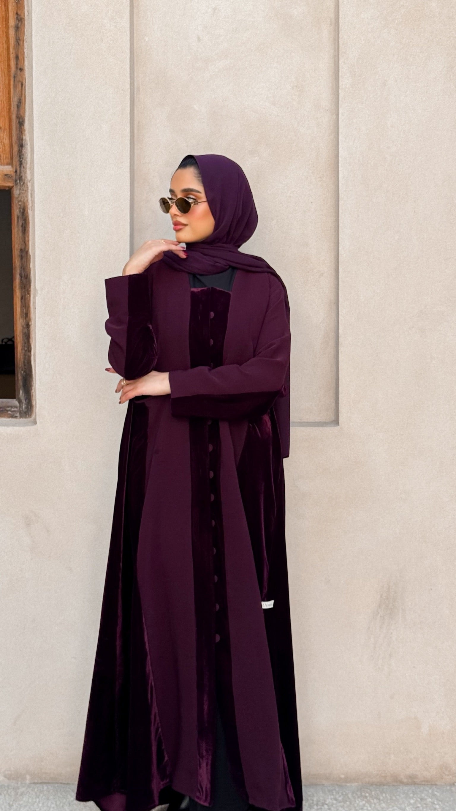 Purple Velvet And Crepe Abaya