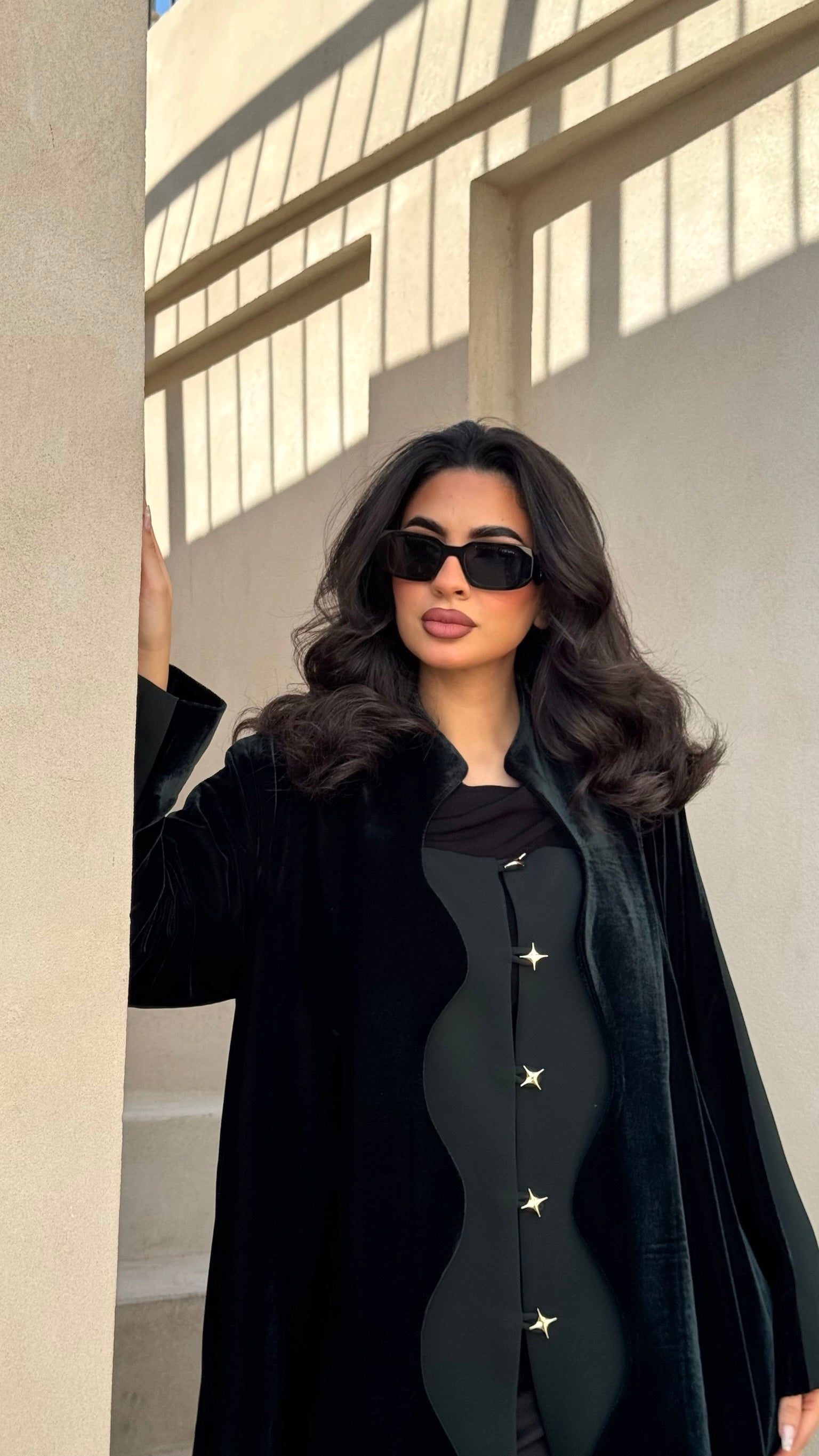 Dark Green Velvet And Crepe Abaya