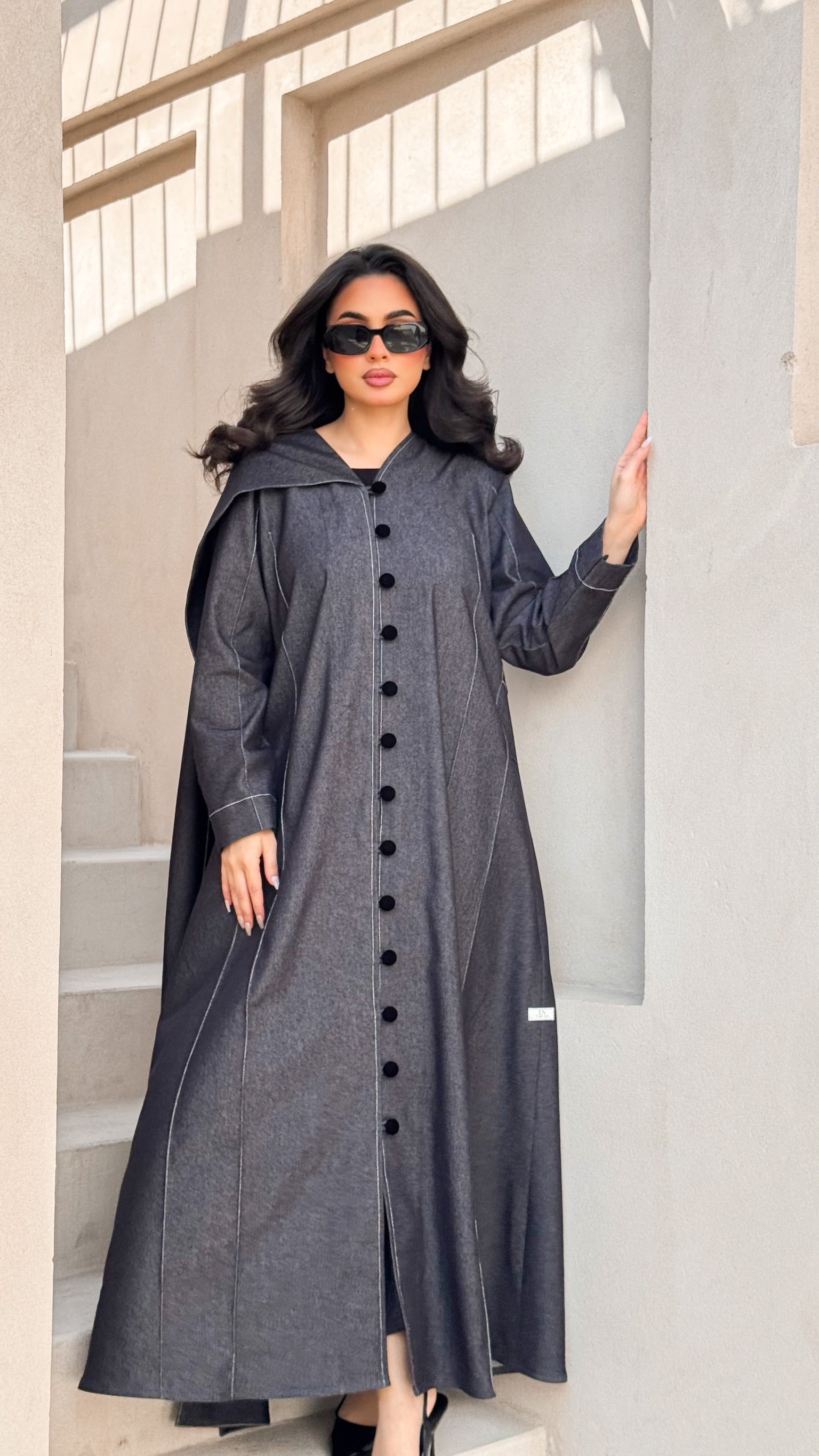 Grey Jeans With Shawl And Velvet Buttons Abaya