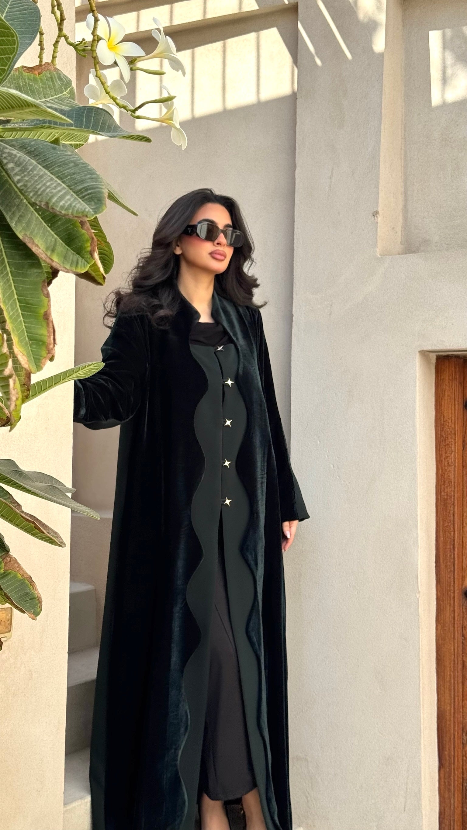 Dark Green Velvet And Crepe Abaya