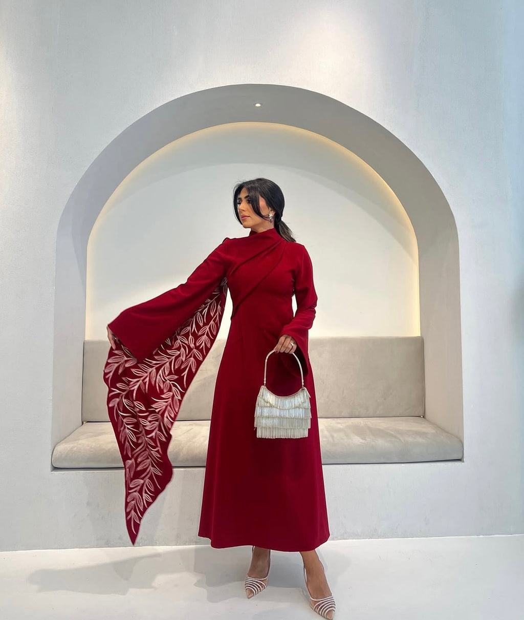 Red Crepe Jalabeya With Embroidery Shawl