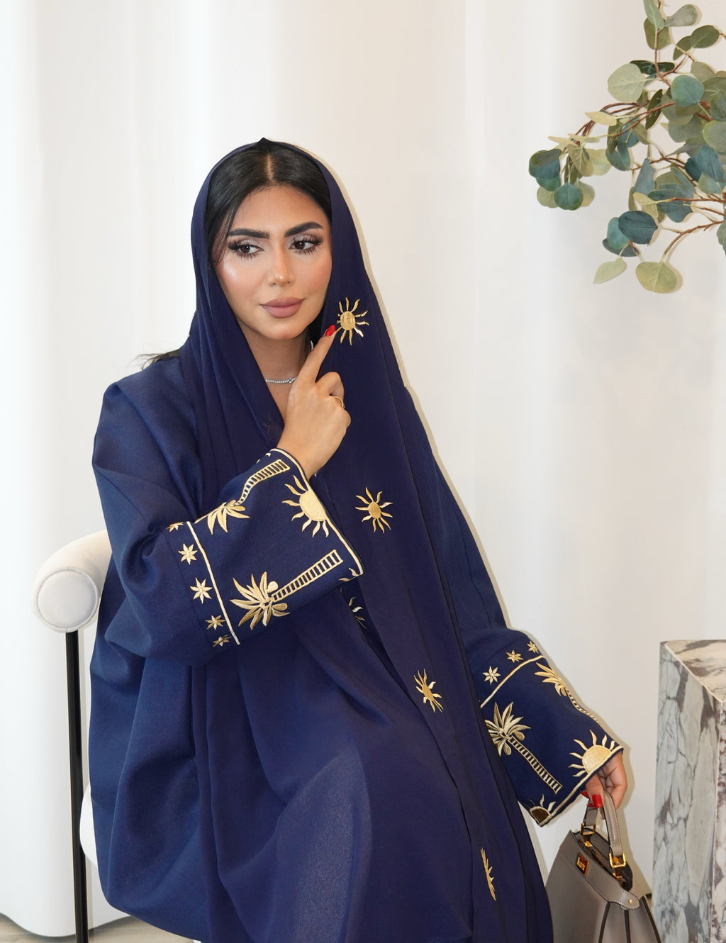 Navy Blue Linnen With Embroidery Abaya