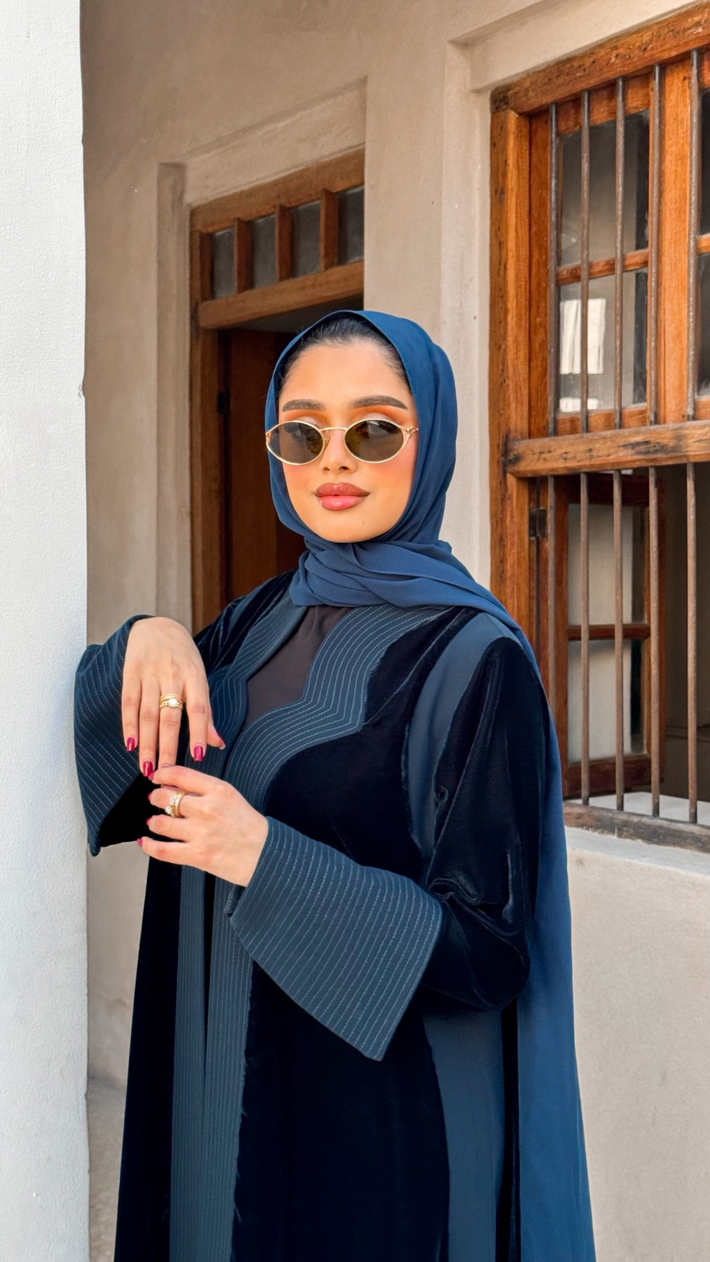 Turquoise Velvet And Crepe Abaya