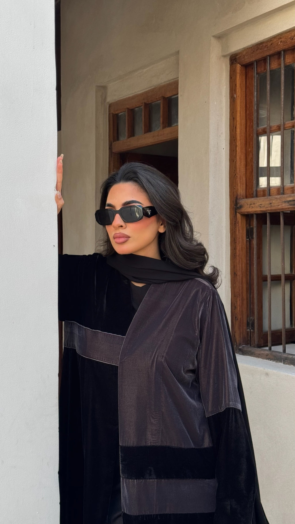 Black And Grey Velvet Abaya