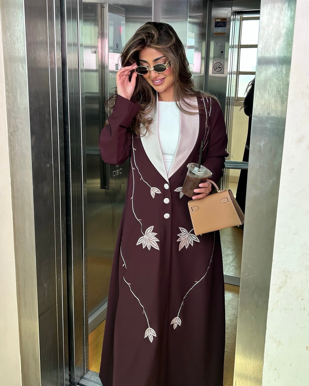 Brown And Light Pink Blazer With Embroidery Abaya
