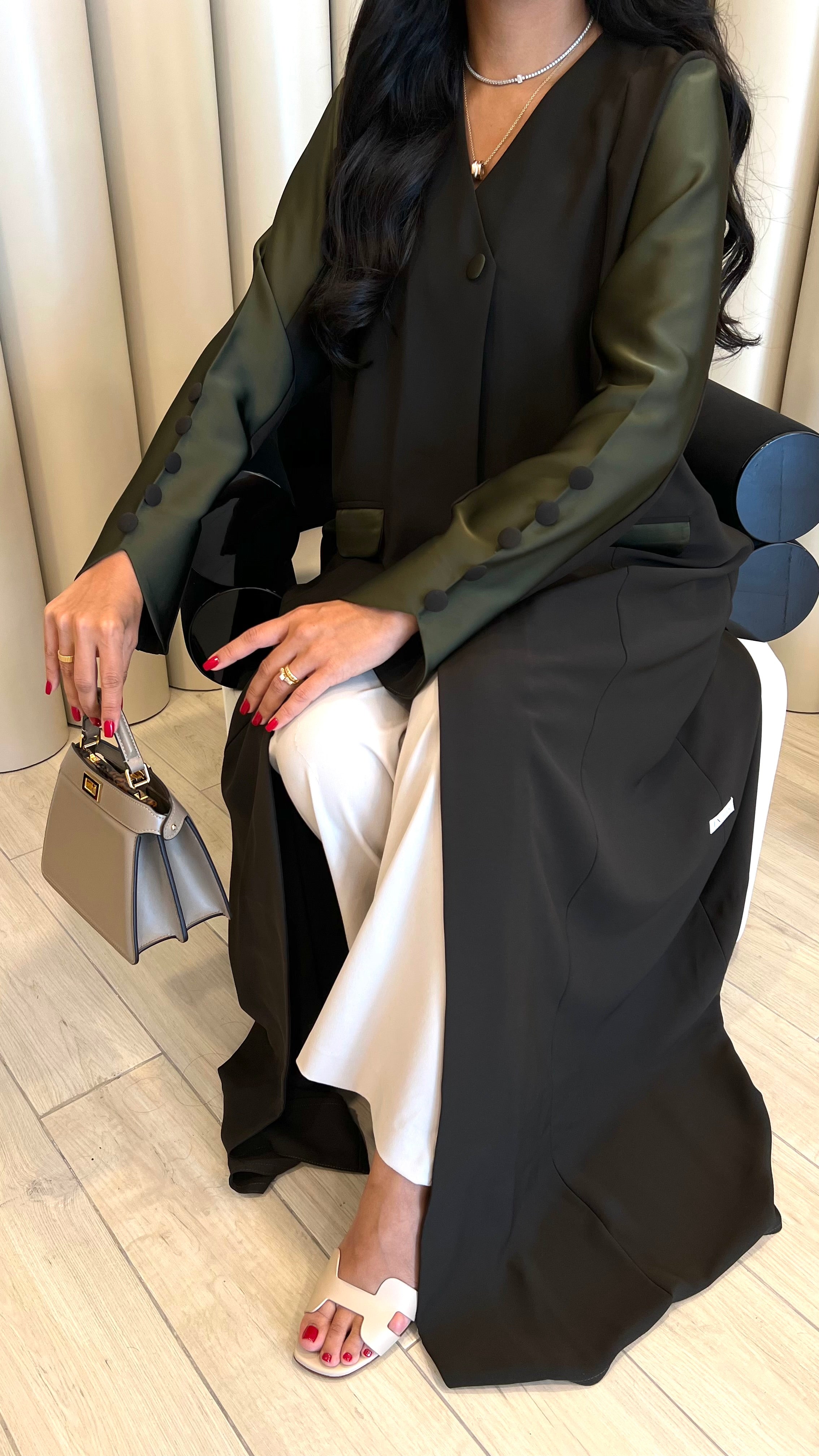Olive Green Crepe With Silk Abaya