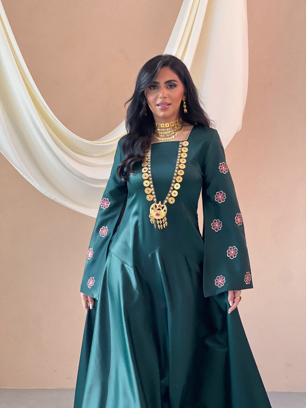 Green Silk Jalabeya With Embroidery