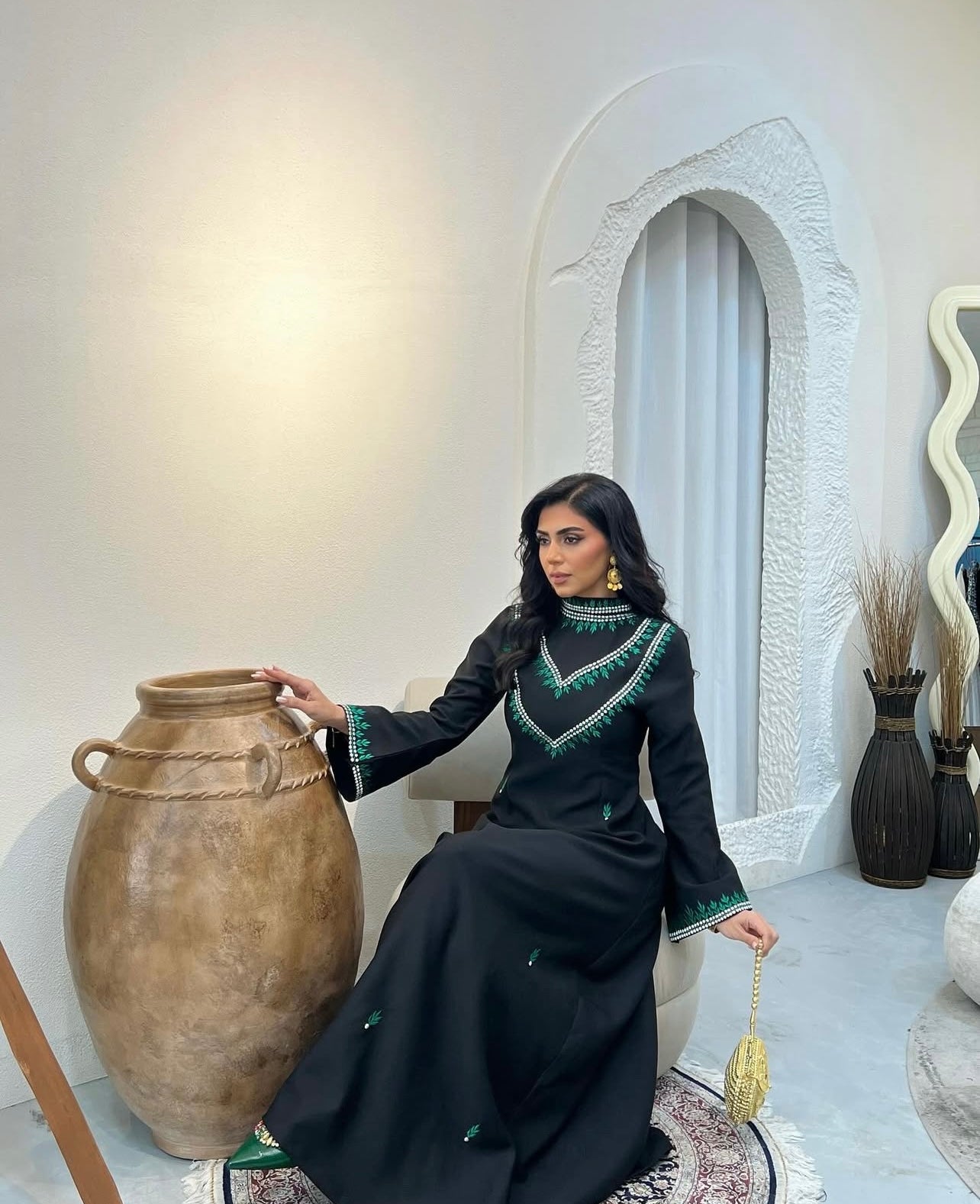 Black Jalabeya With Silver And Green Embroidery