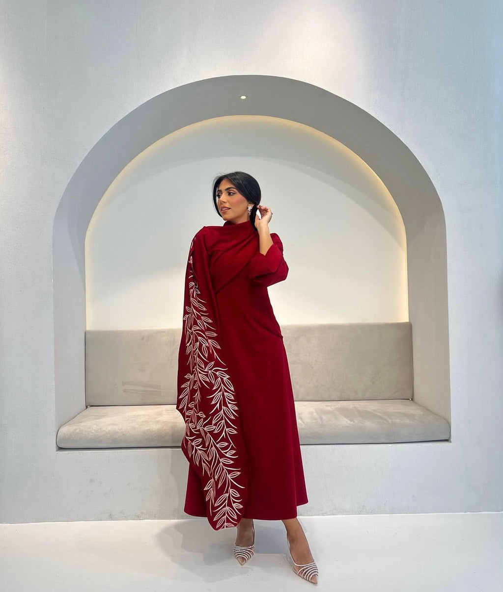 Red Crepe Jalabeya With Embroidery Shawl