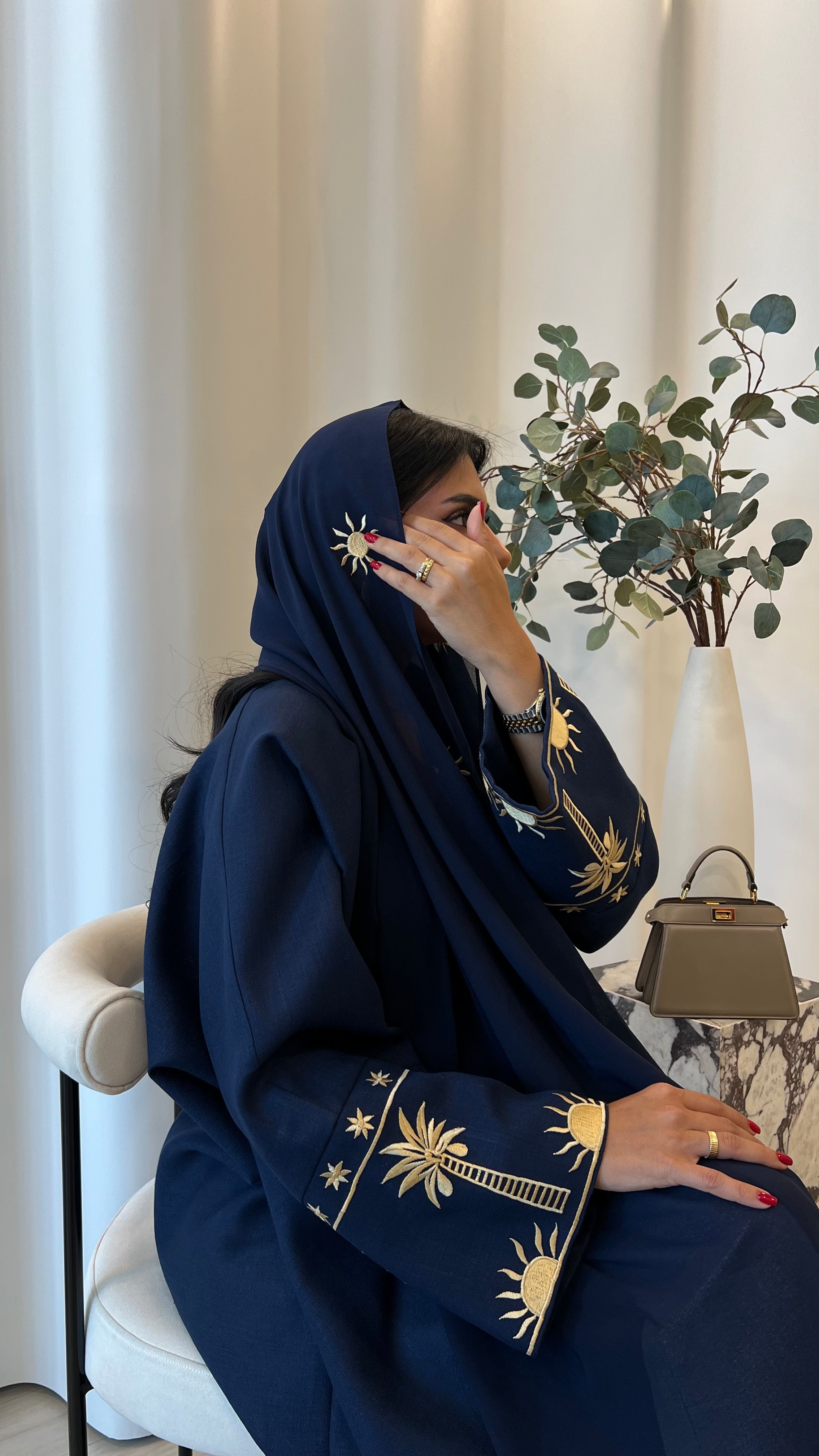 Navy Blue Linnen With Embroidery Abaya
