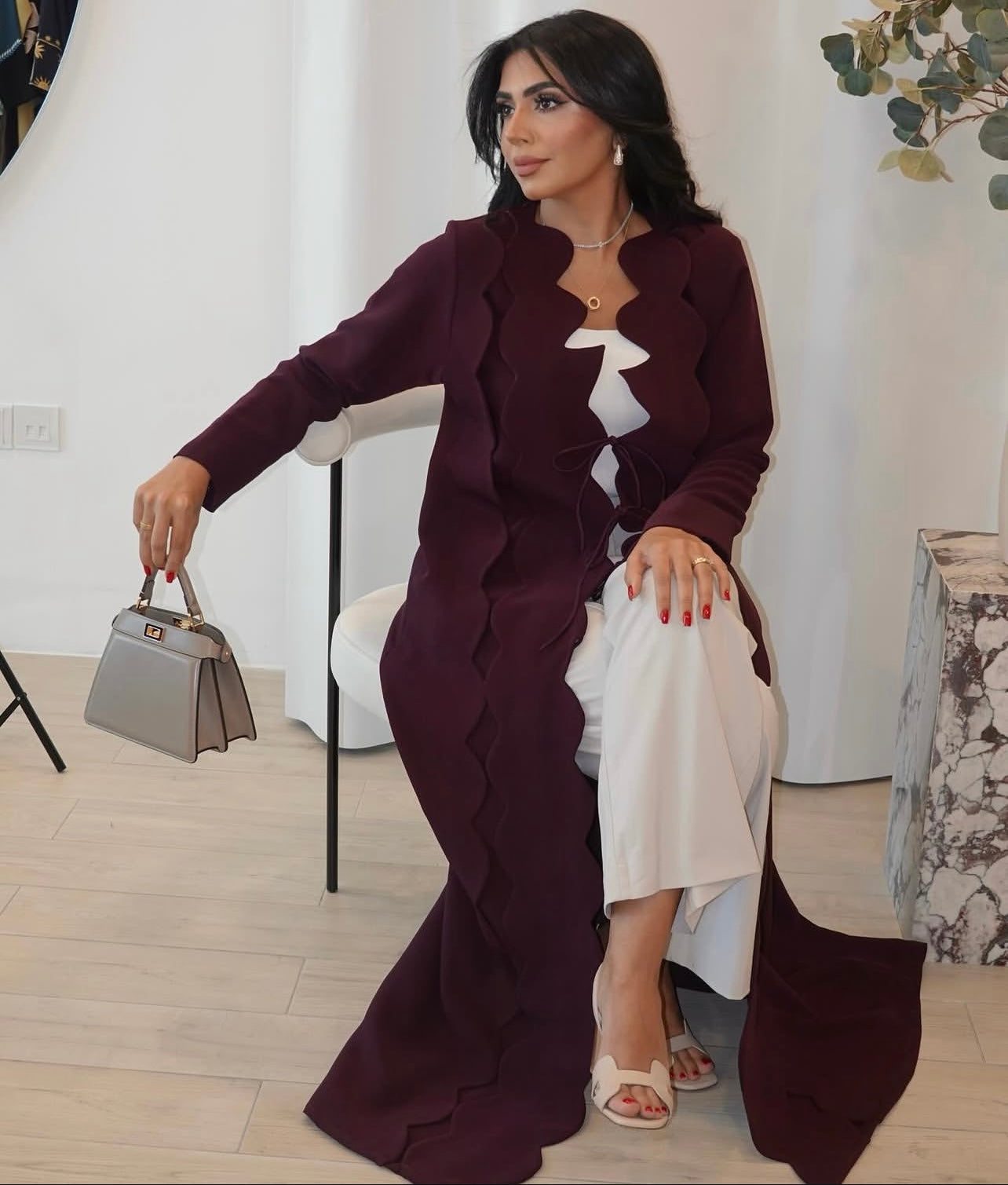 Purple Crepe With A Wavy Cut And Bow tie Abaya