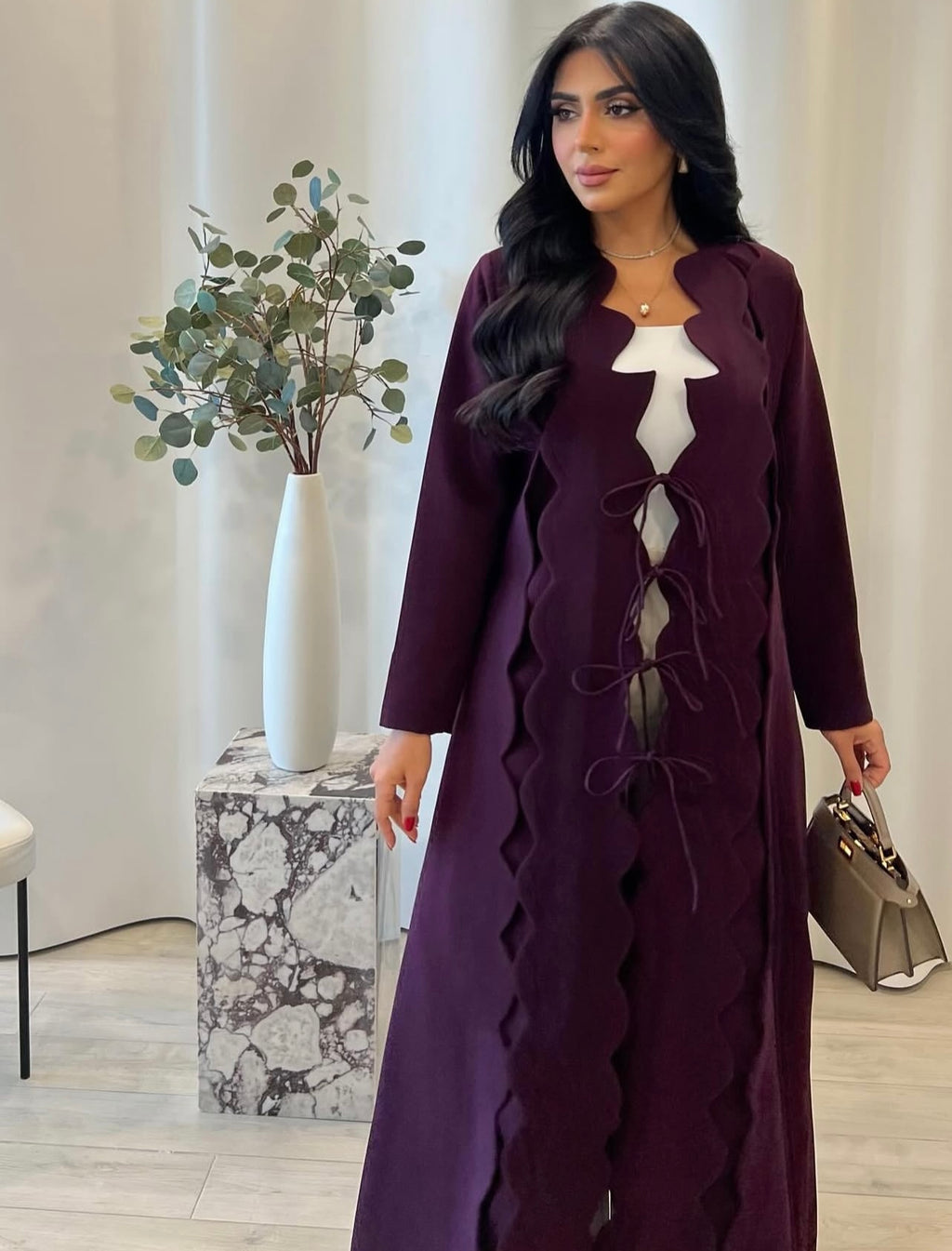 Purple Crepe With A Wavy Cut And Bow tie Abaya