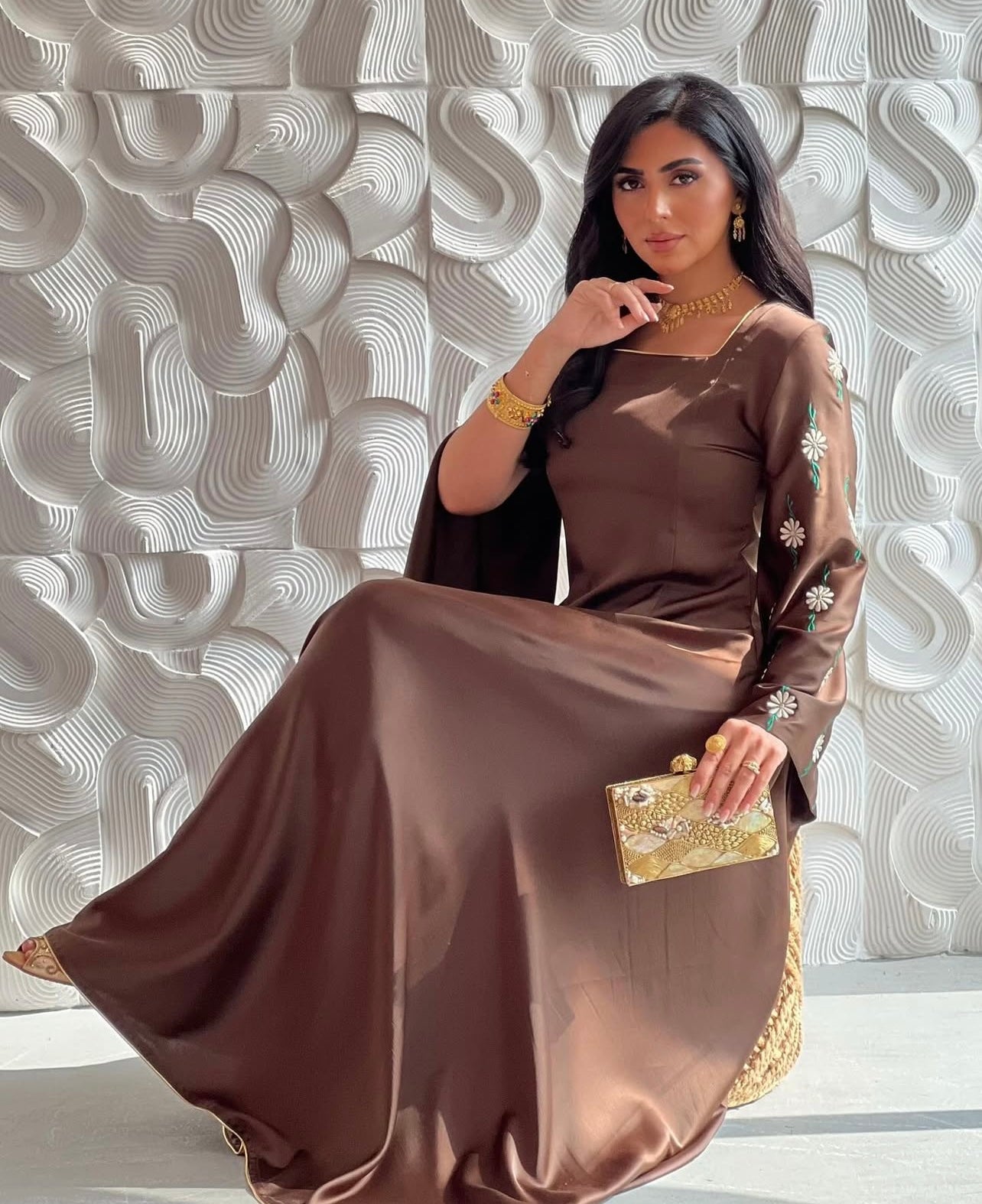 Brown Silk Jalabeya With Embroidery