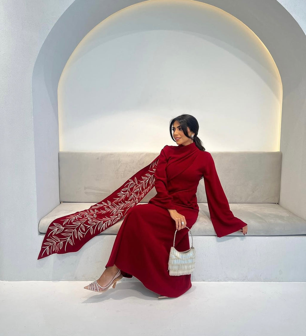 Red Crepe Jalabeya With Embroidery Shawl