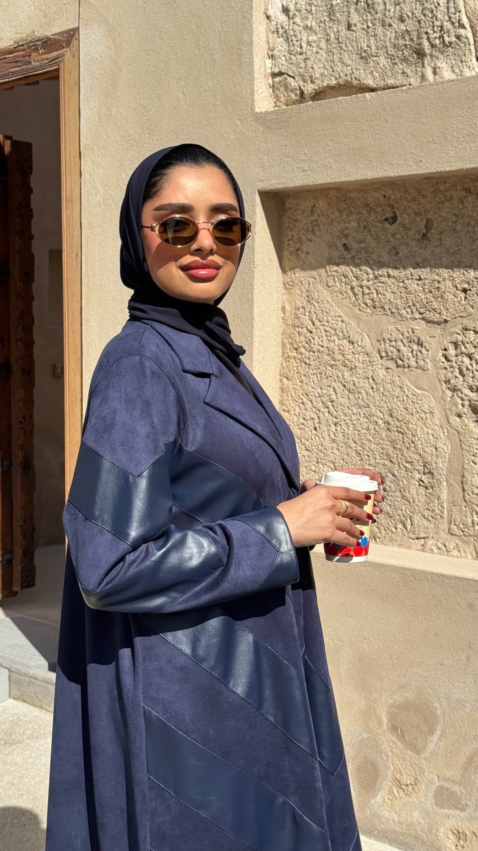 Navy Blue Shamwa With Leather Abaya