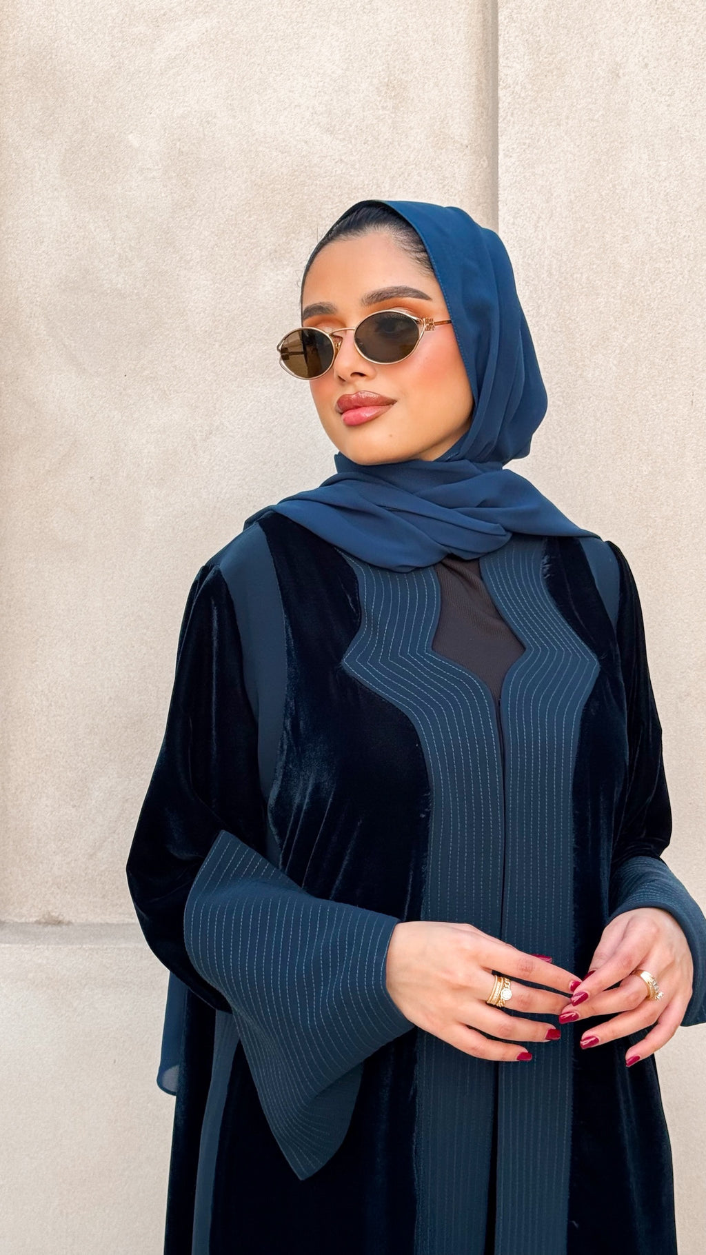 Turquoise Velvet And Crepe Abaya