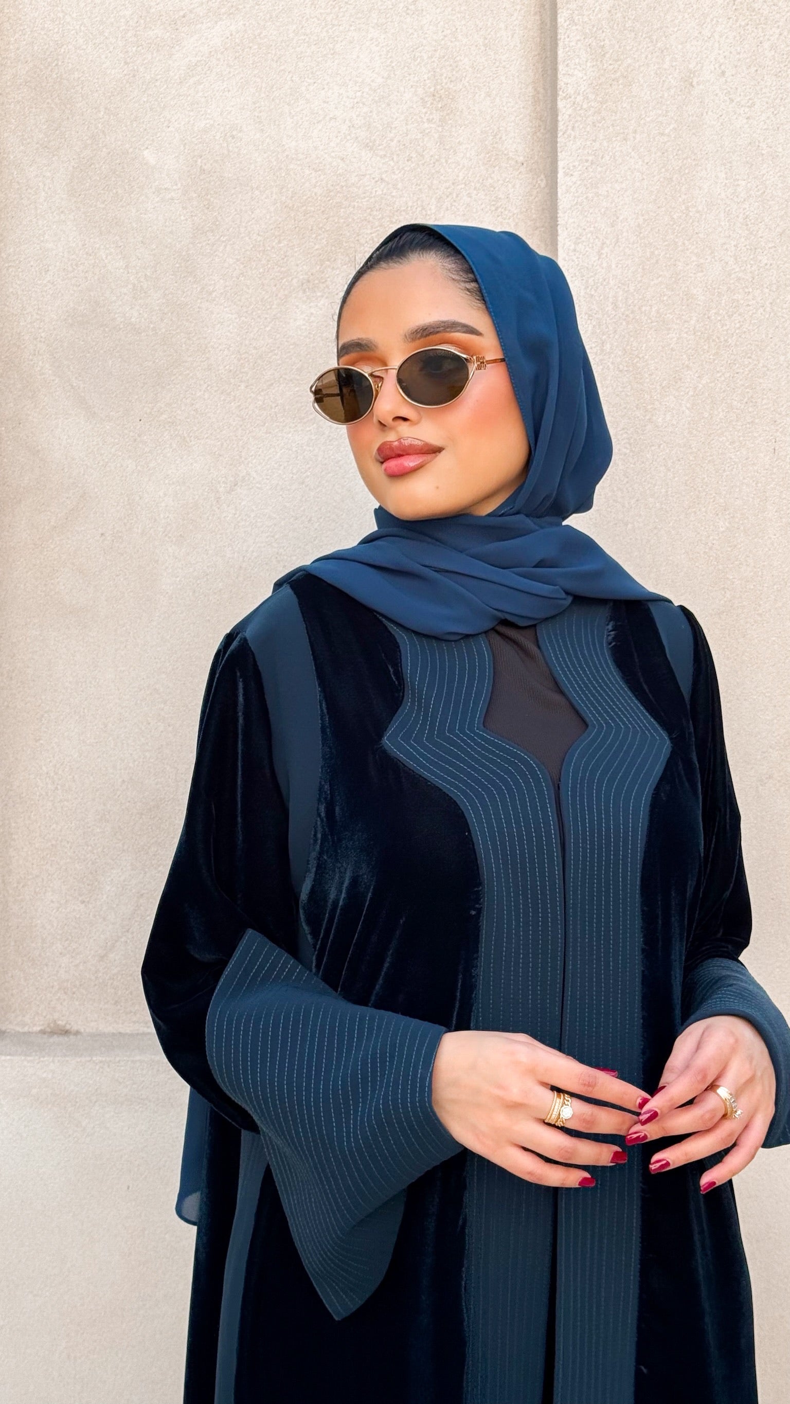 Turquoise Velvet And Crepe Abaya