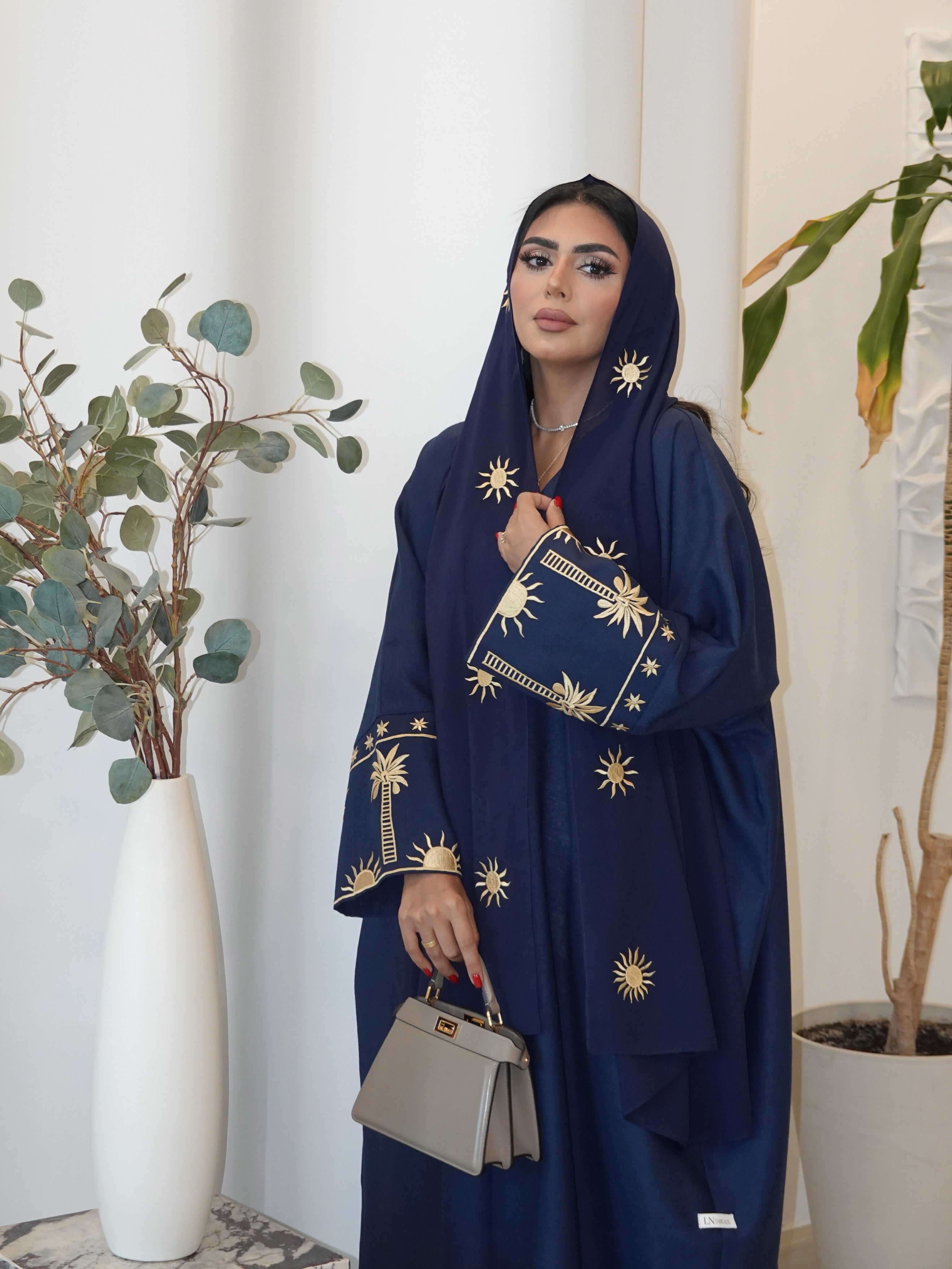 Navy Blue Linnen With Embroidery Abaya