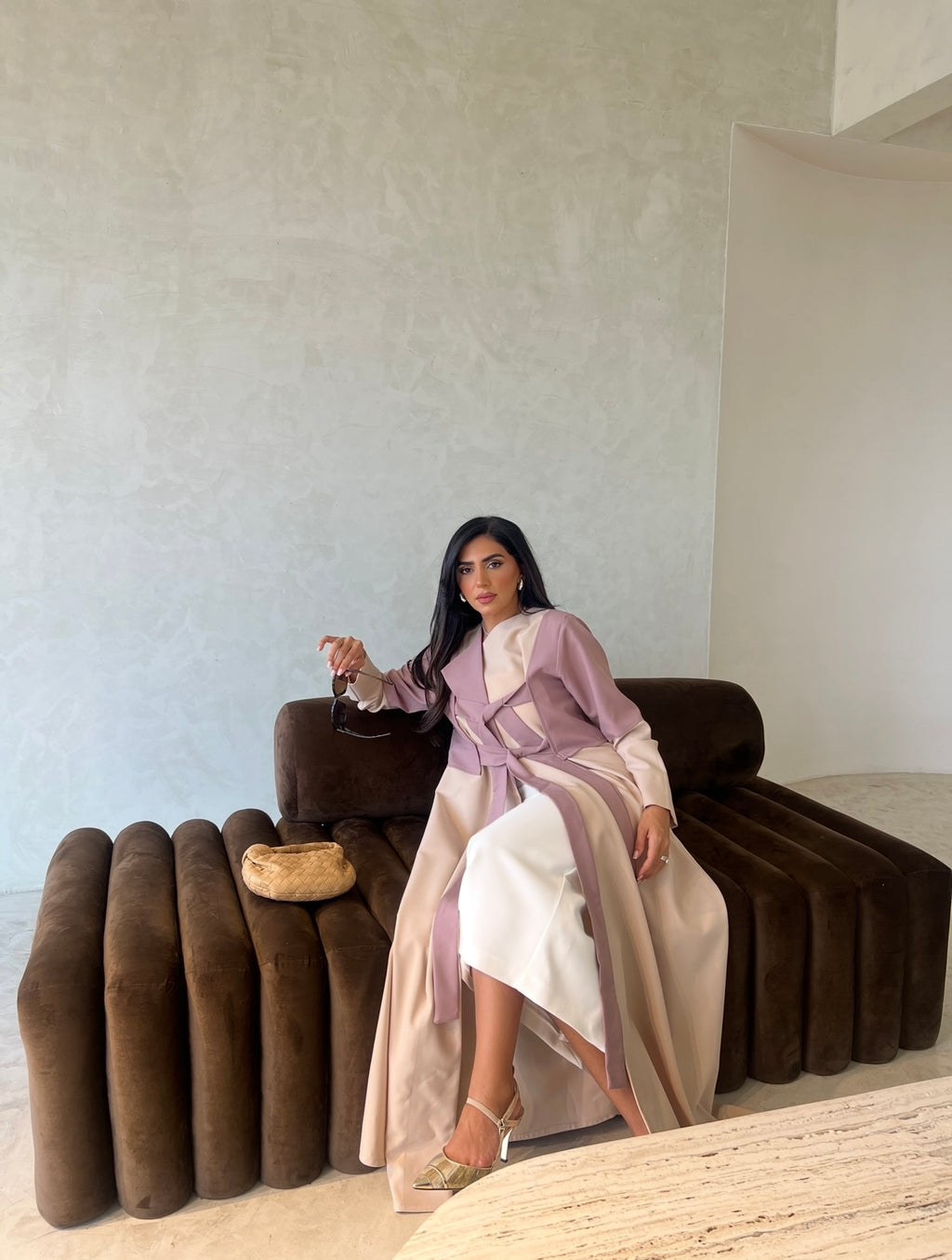 Pink With Beige Crepe Abaya