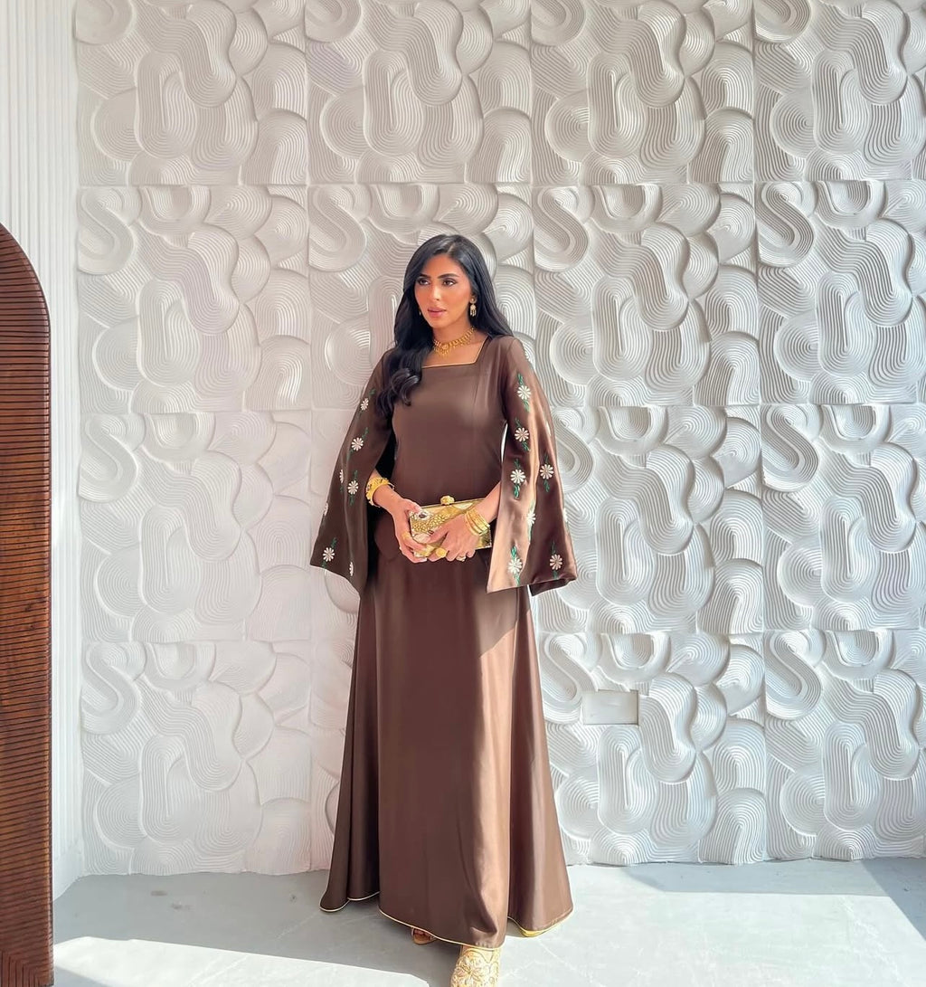 Brown Silk Jalabeya With Embroidery