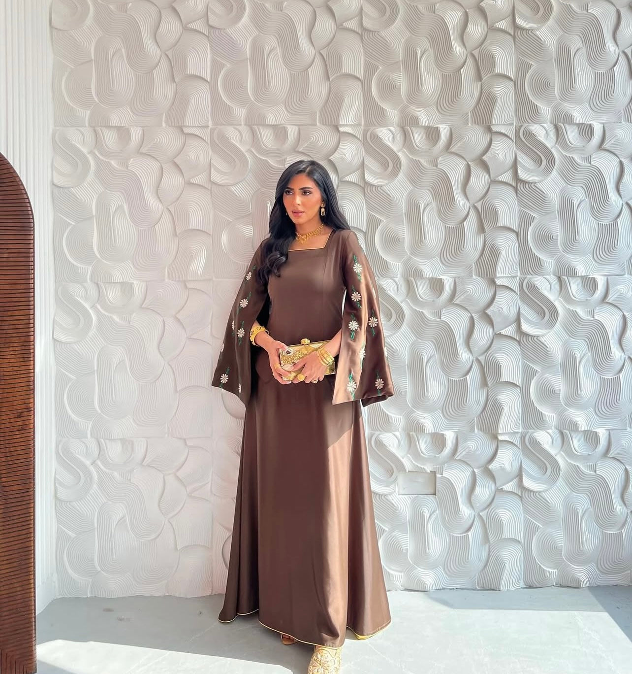 Brown Silk Jalabeya With Embroidery