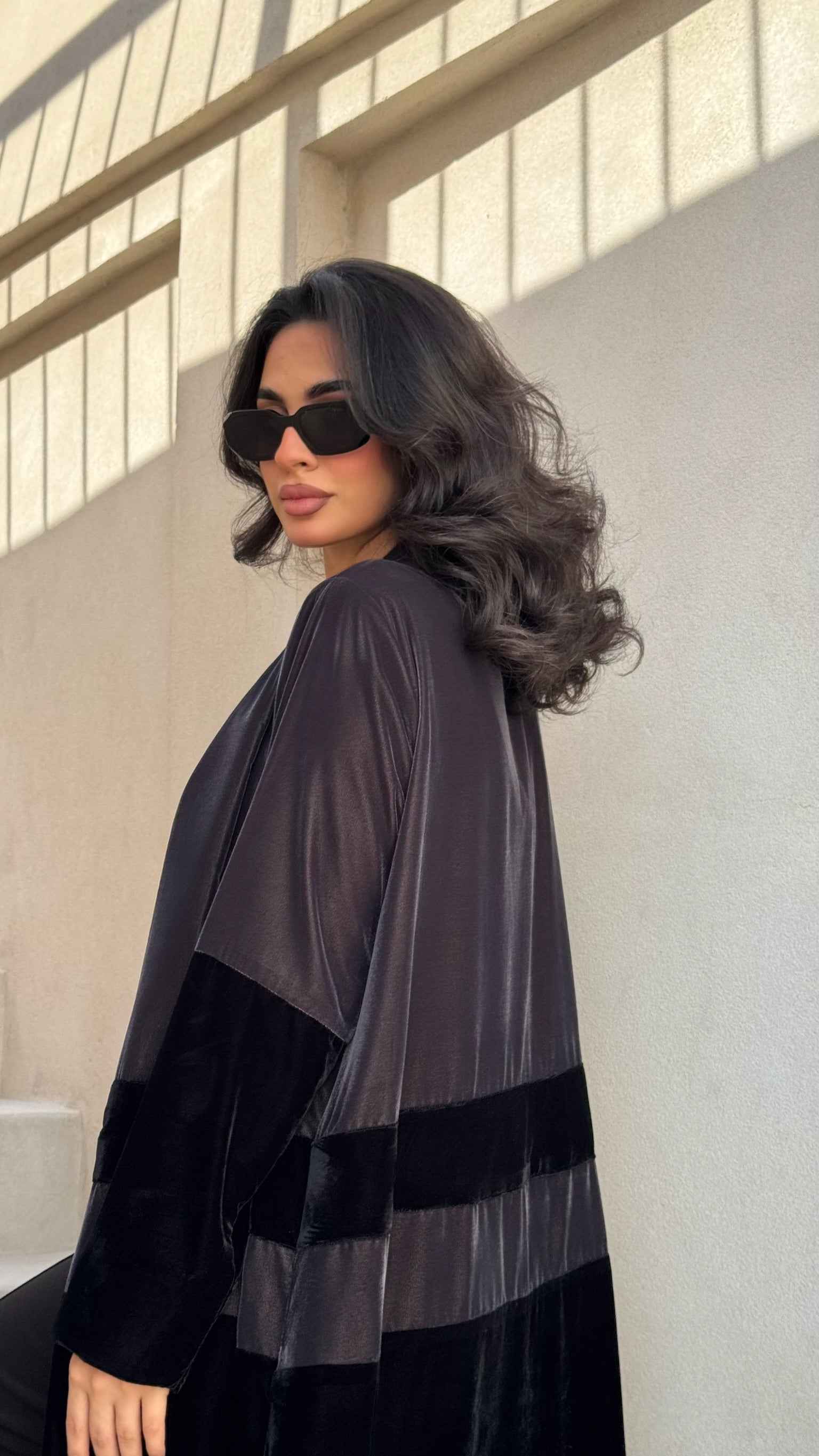 Black And Grey Velvet Abaya