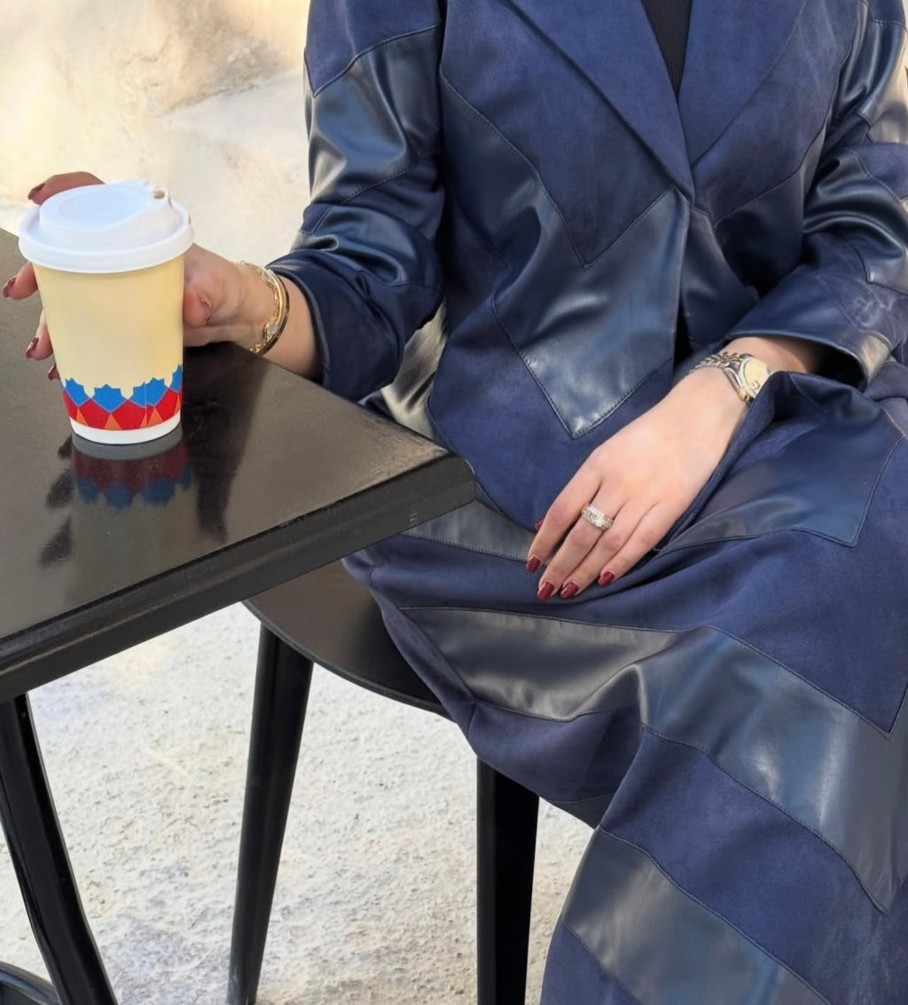 Navy Blue Shamwa With Leather Abaya