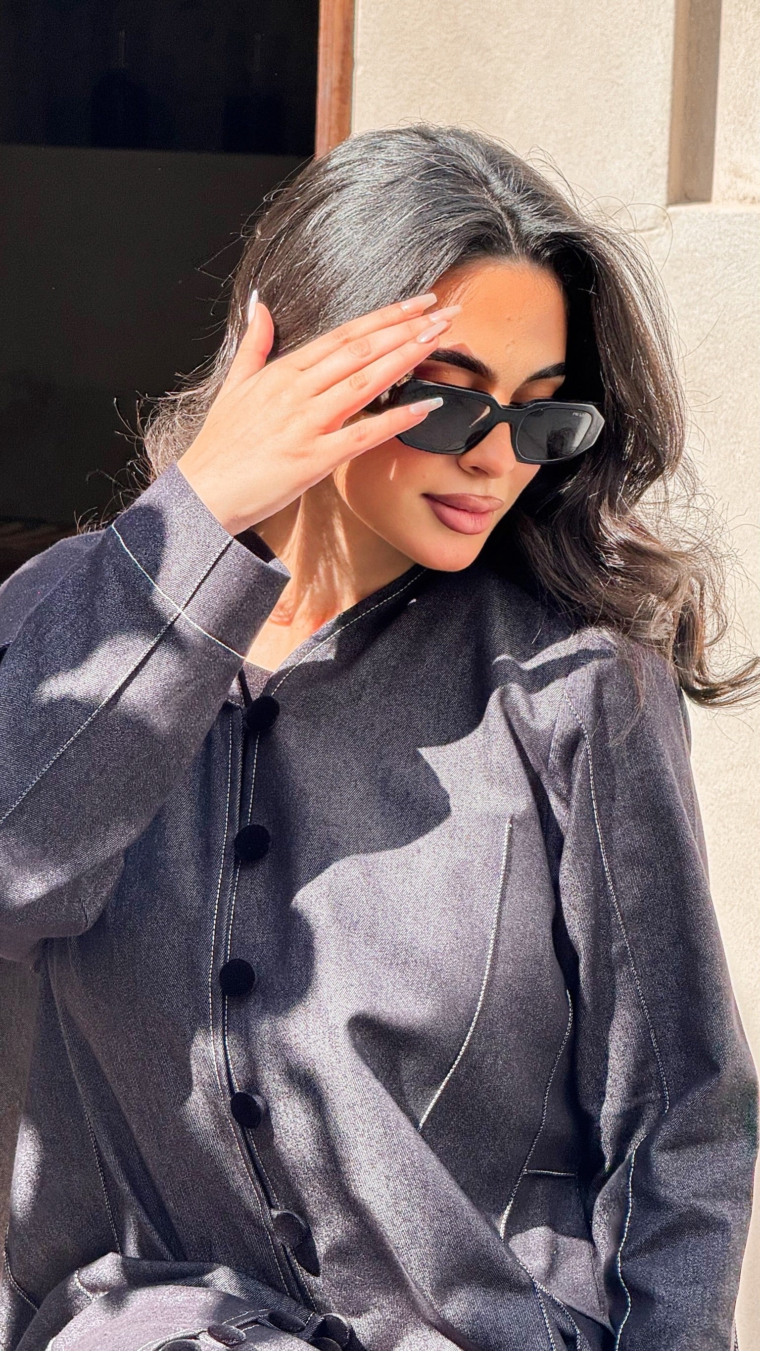 Grey Jeans With Shawl And Velvet Buttons Abaya