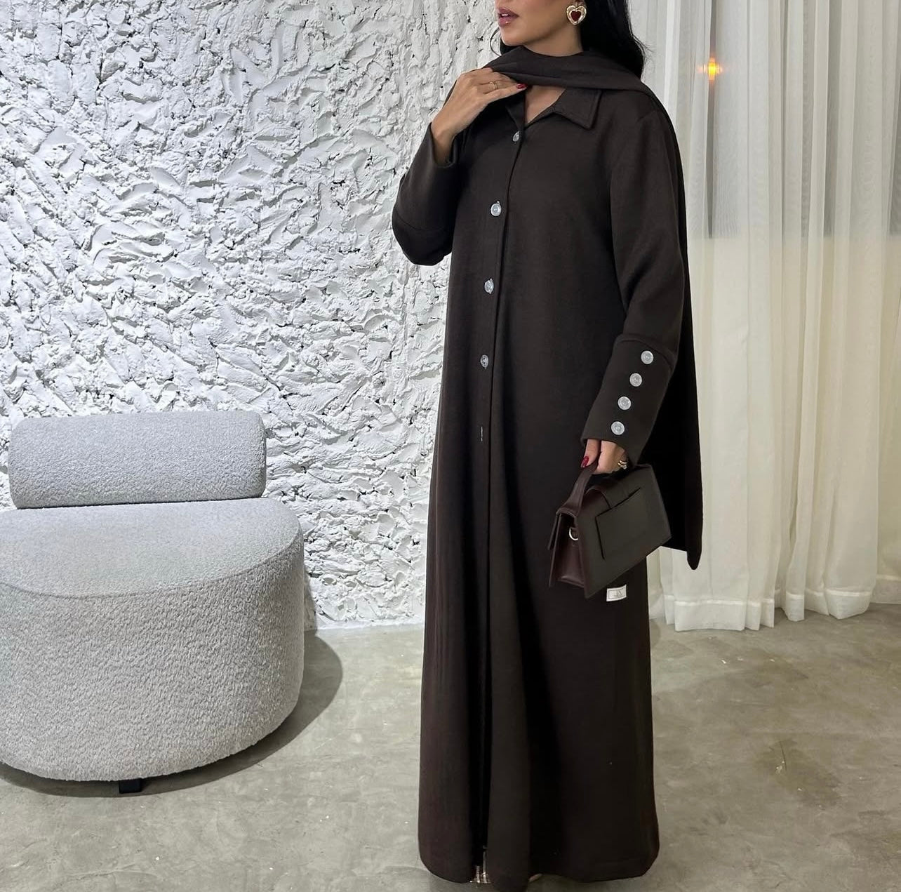 Brown Soft Wool With Shawl Abaya