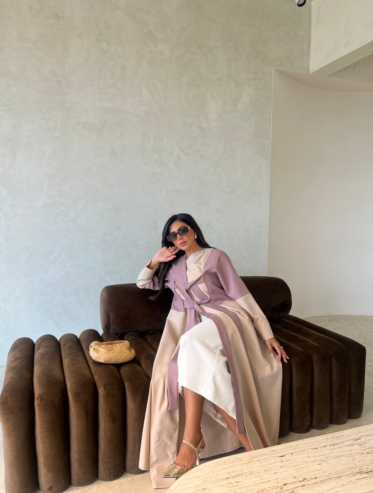 Pink With Beige Crepe Abaya