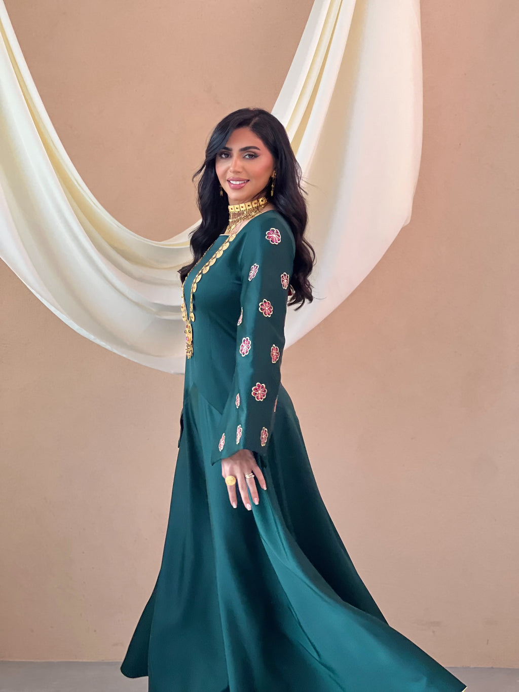 Green Silk Jalabeya With Embroidery