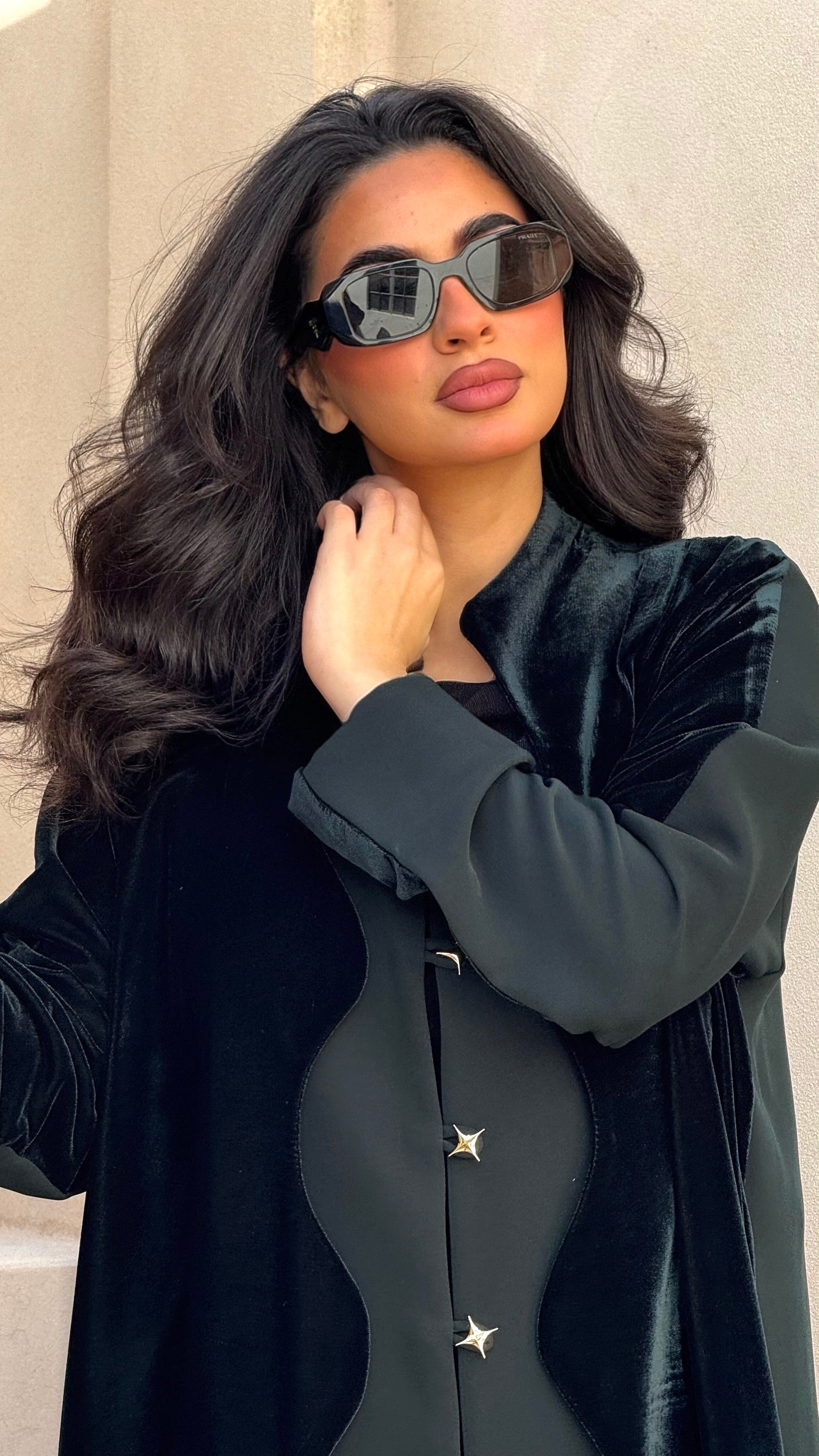 Dark Green Velvet And Crepe Abaya