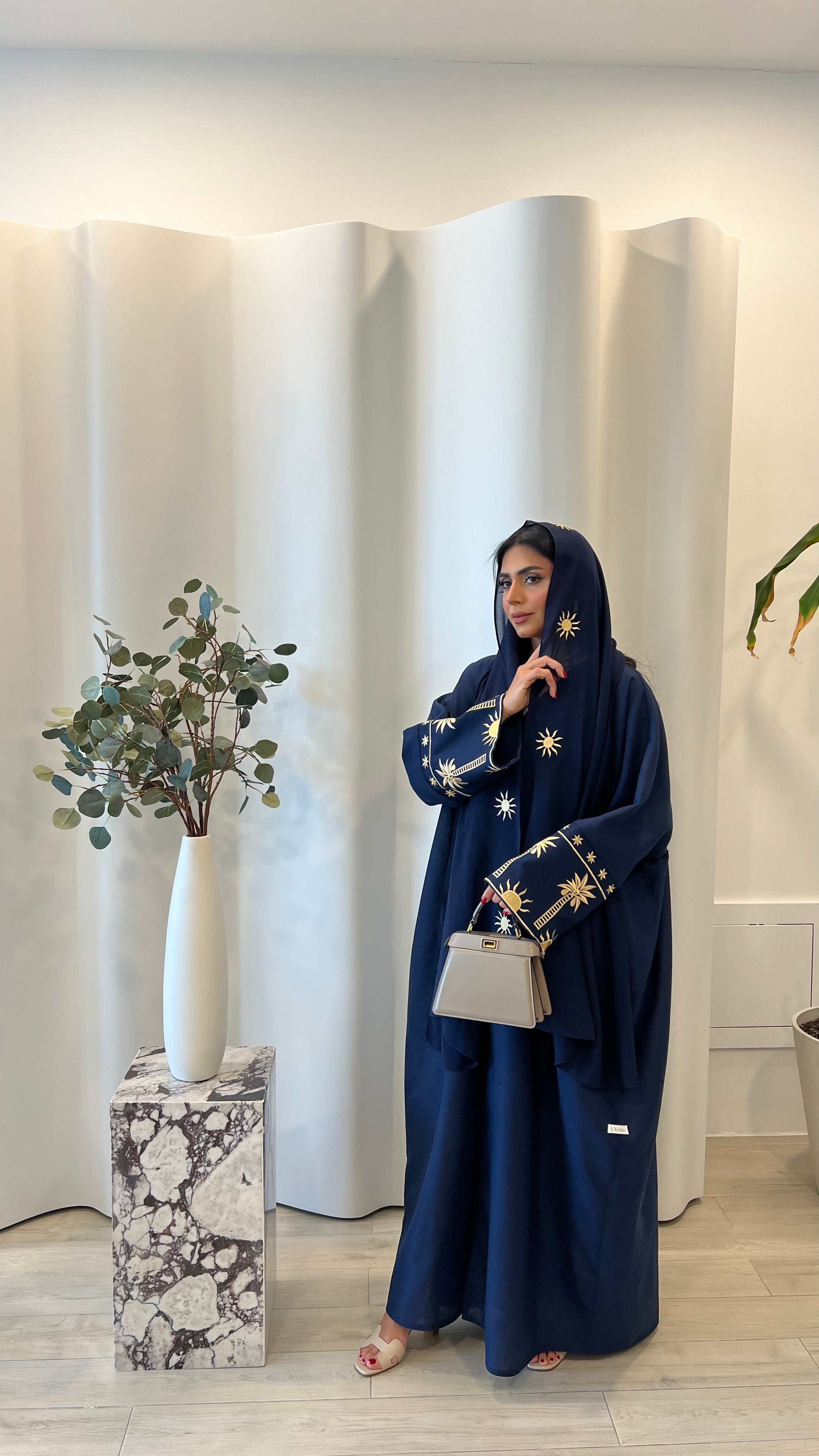 Navy Blue Linnen With Embroidery Abaya