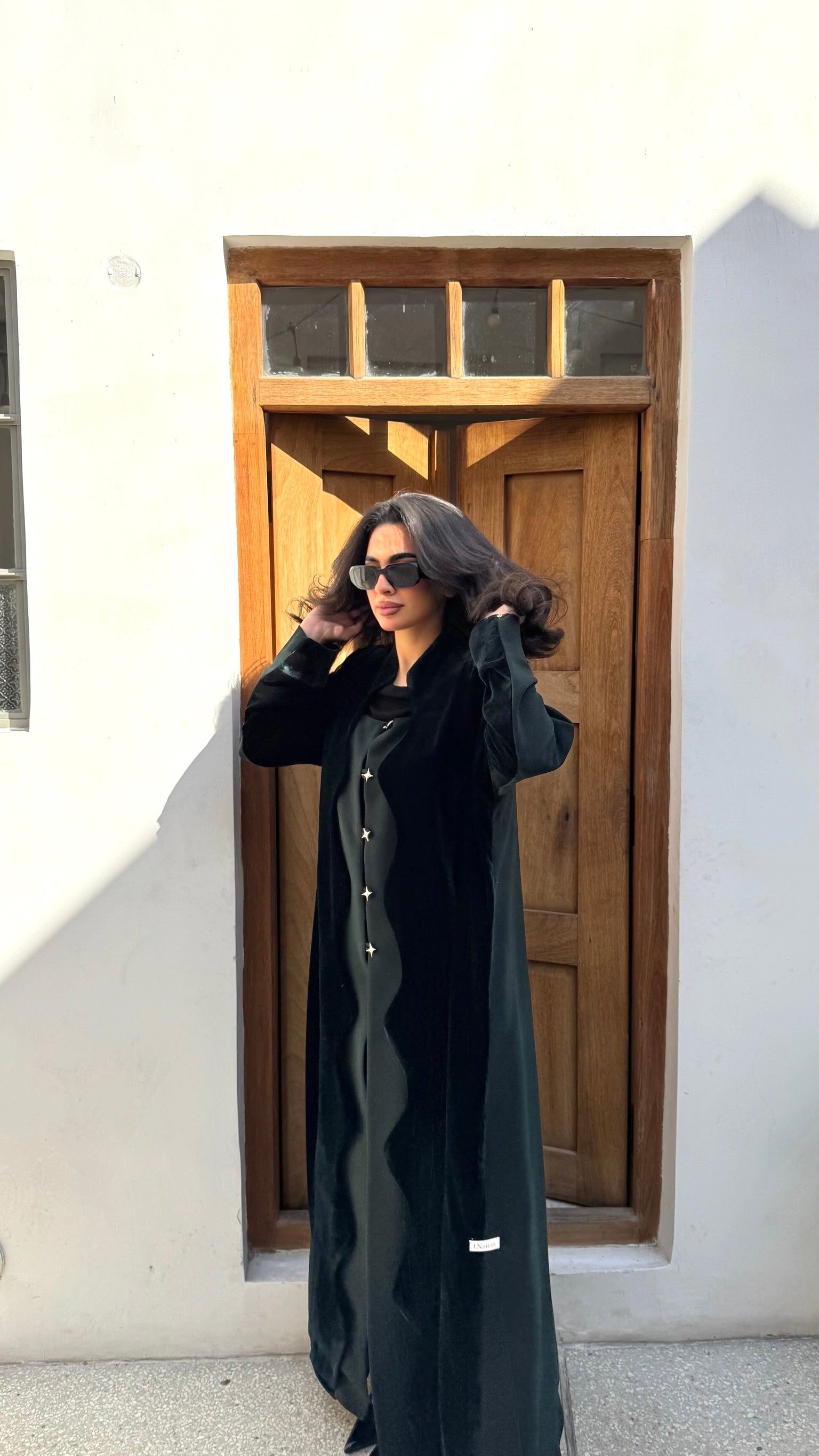 Dark Green Velvet And Crepe Abaya