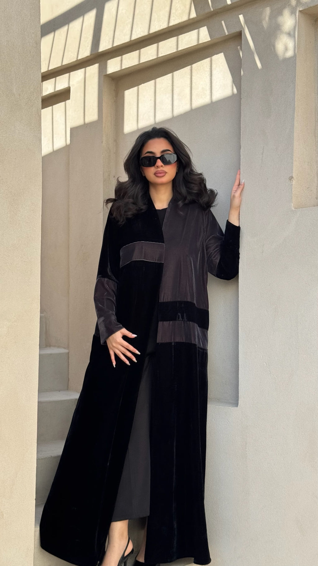 Black And Grey Velvet Abaya