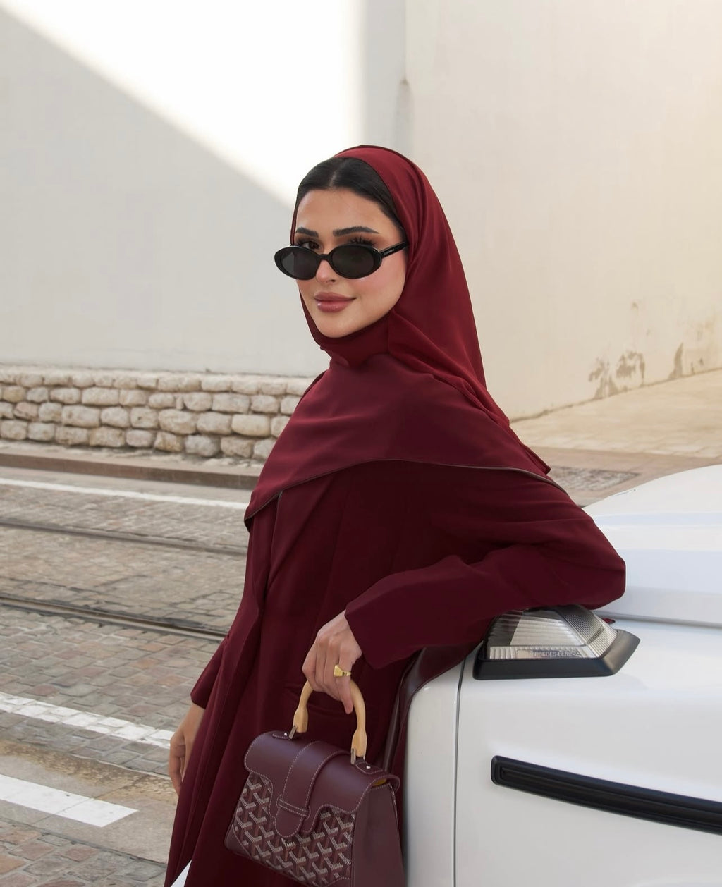 Burgandy Crepe with Leather Abaya