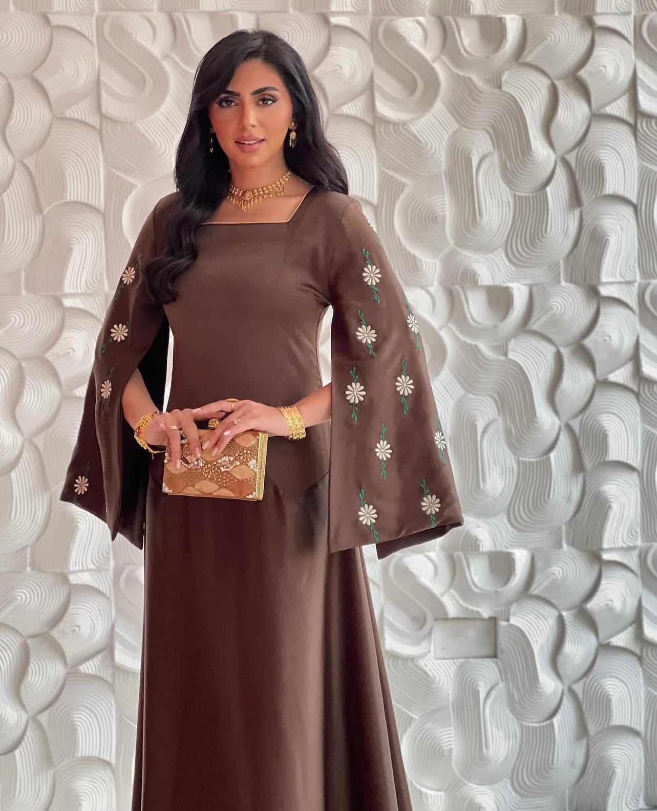 Brown Silk Jalabeya With Embroidery