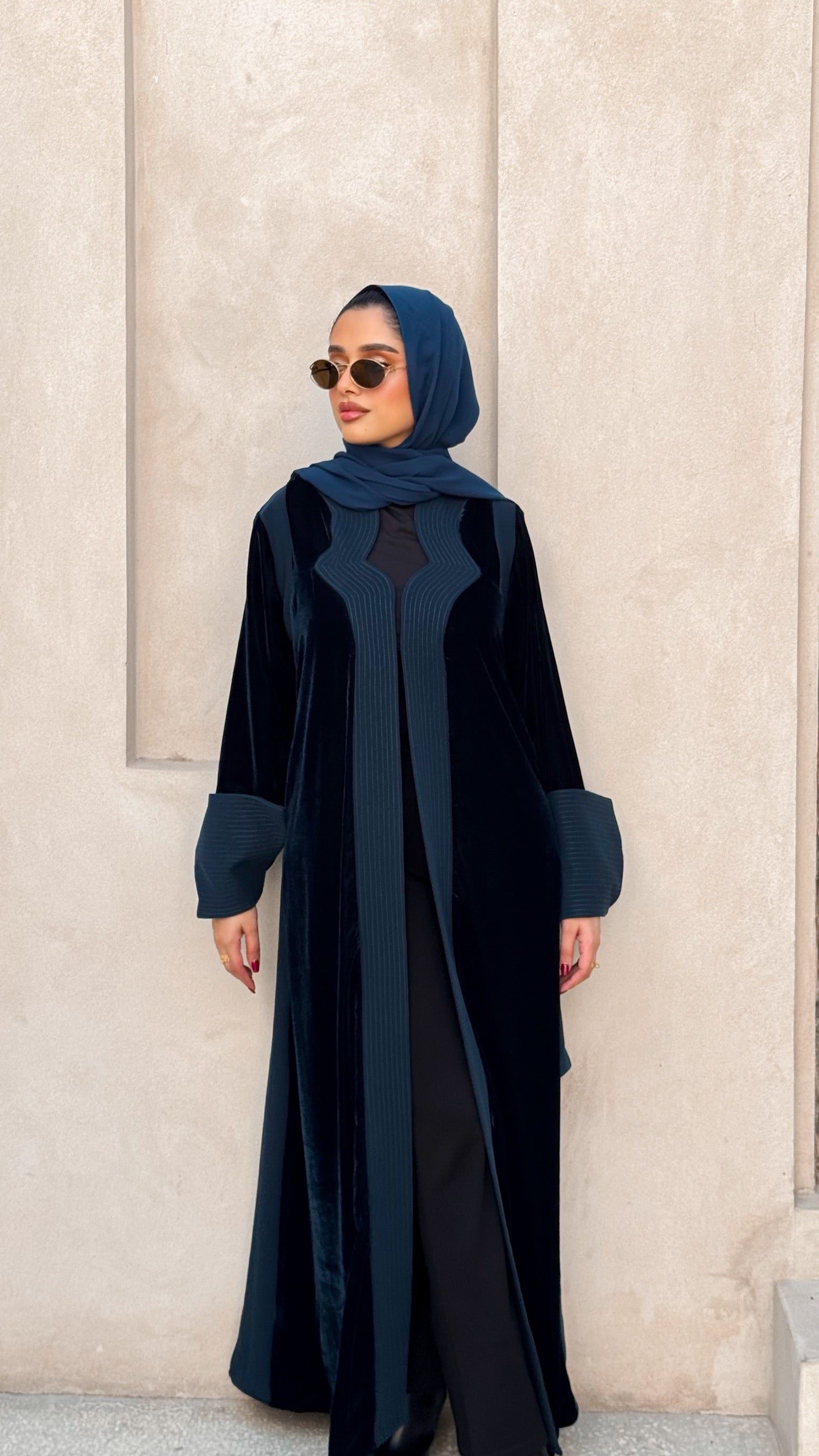 Turquoise Velvet And Crepe Abaya