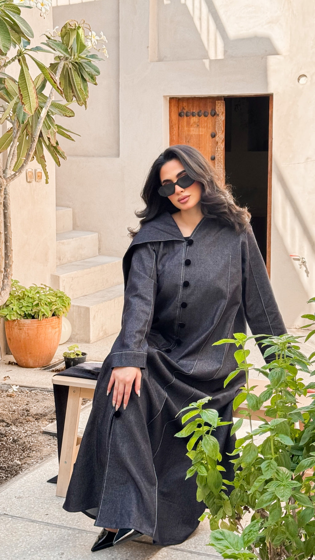 Grey Jeans With Shawl And Velvet Buttons Abaya