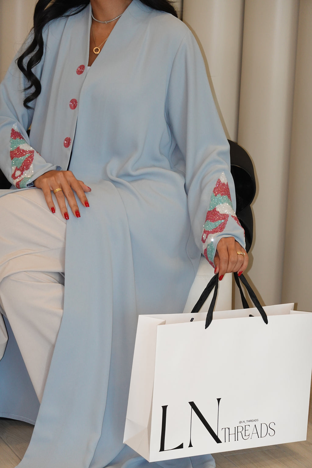 Light Blue Abaya With Hand Embroidery