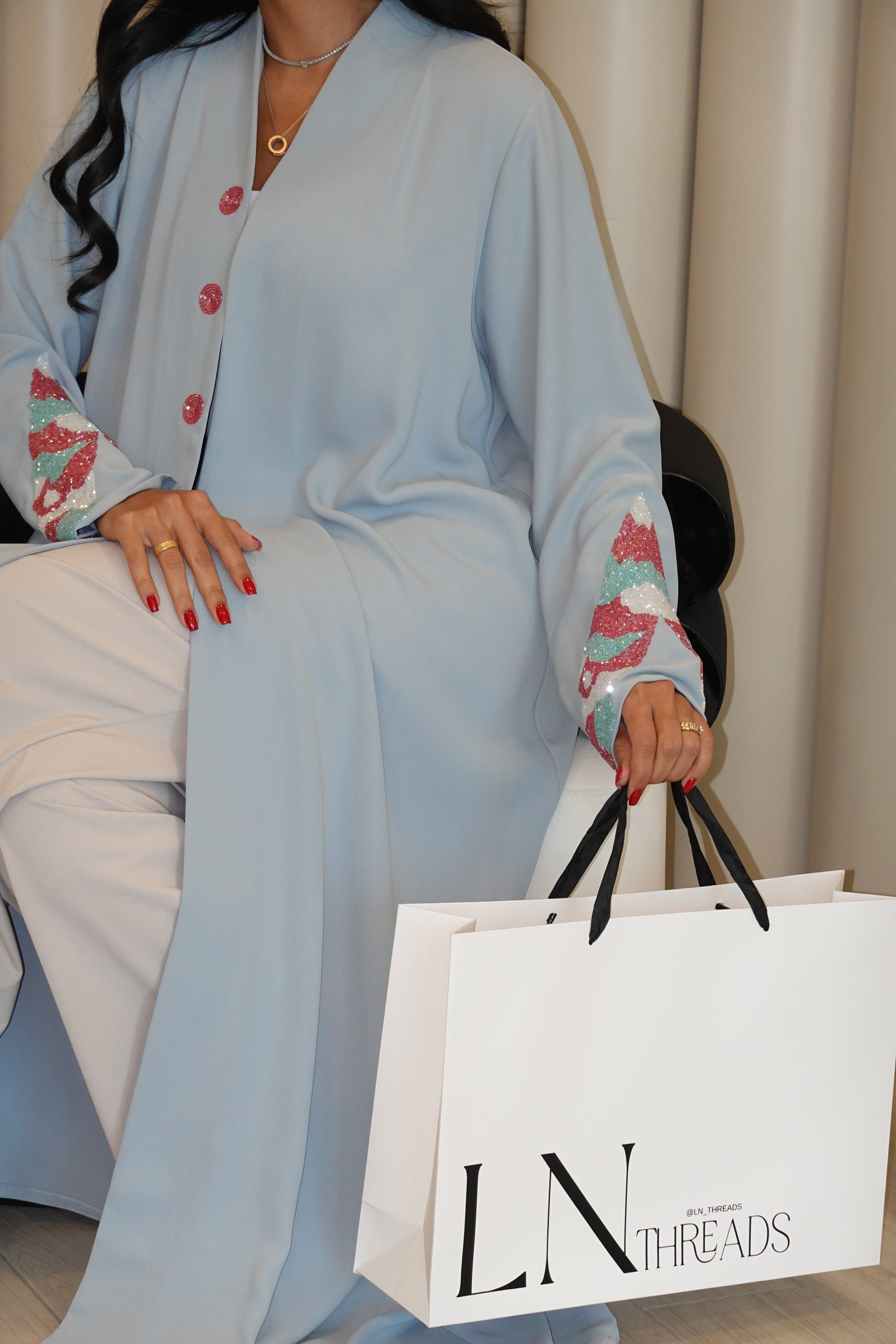 Light Blue Abaya With Hand Embroidery
