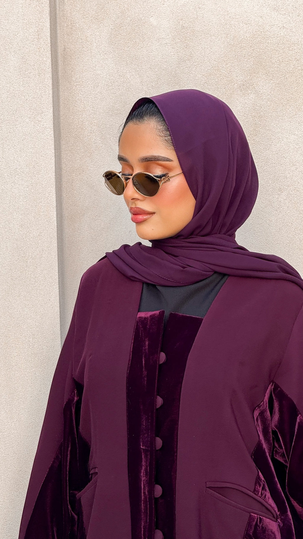 Purple Velvet And Crepe Abaya