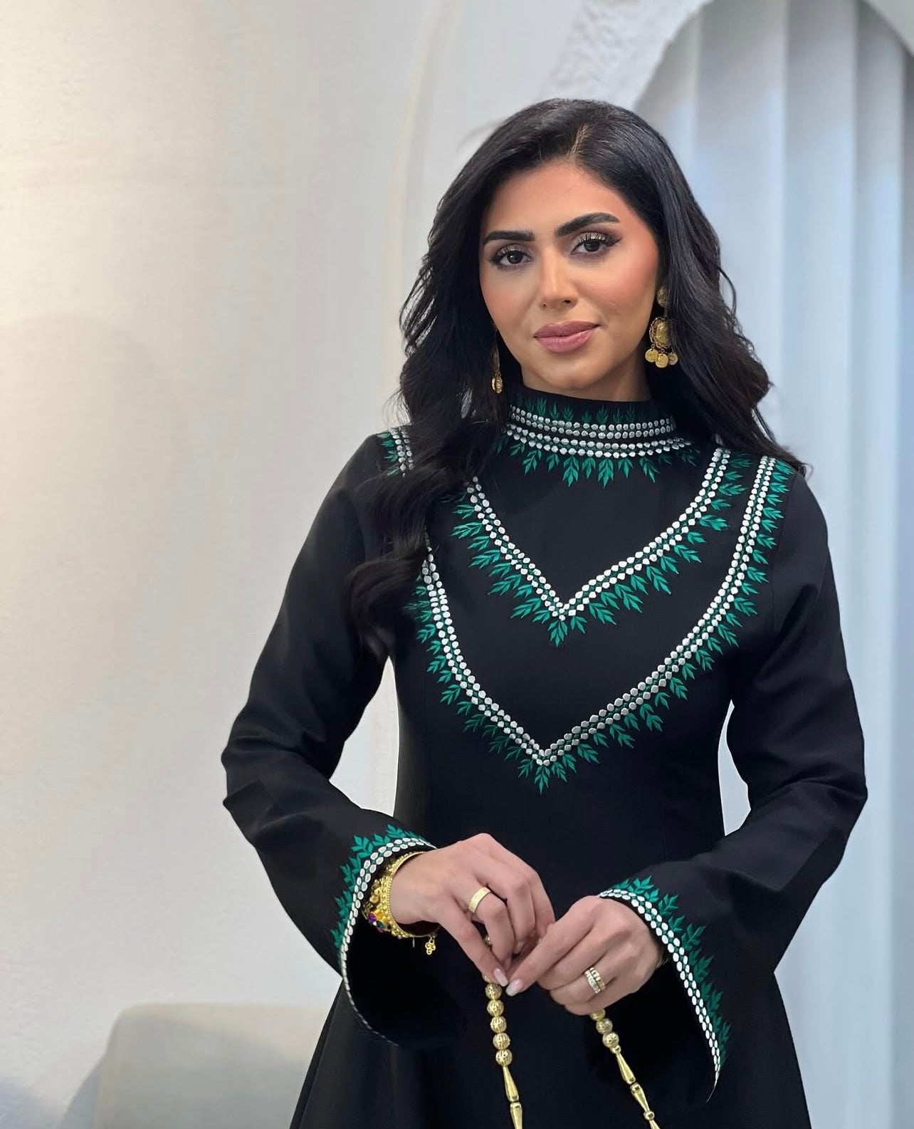 Black Jalabeya With Silver And Green Embroidery