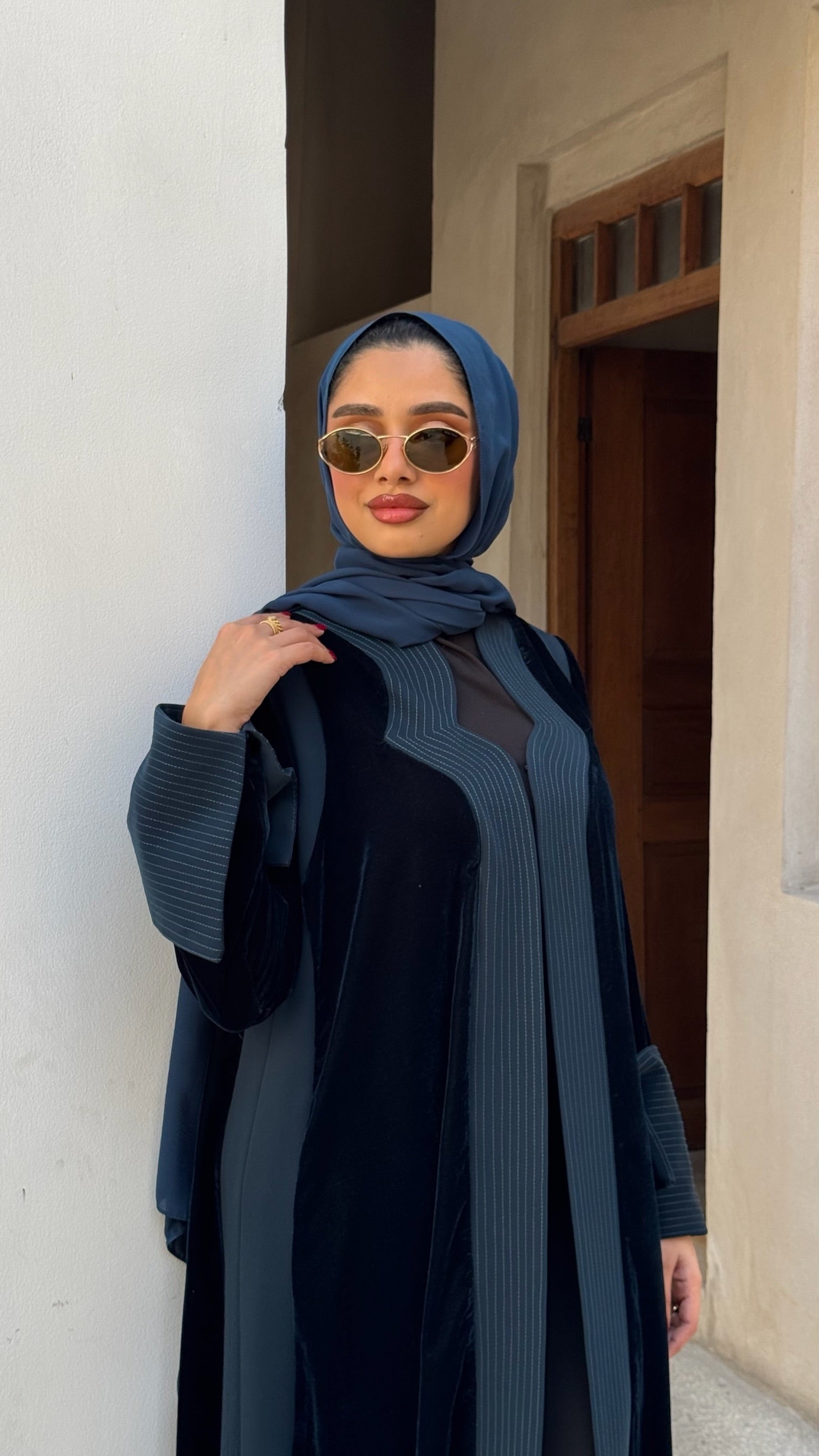 Turquoise Velvet And Crepe Abaya