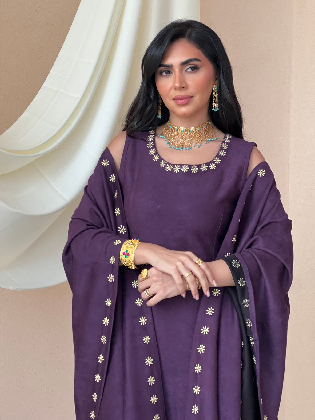 Purple Jalabeya Shamwa – Flower Design