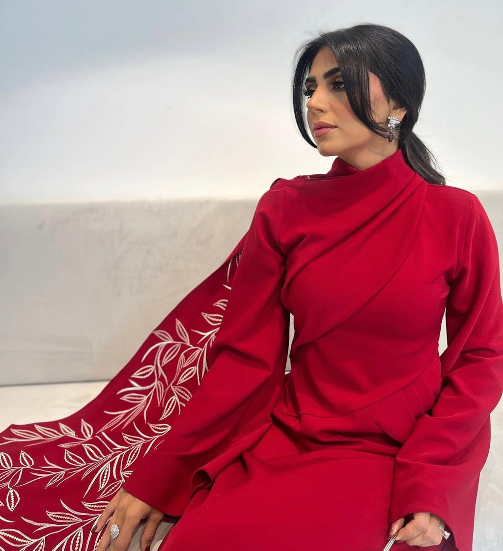 Red Crepe Jalabeya With Embroidery Shawl