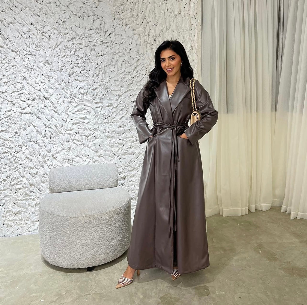 Brown Leather With Belt Abaya
