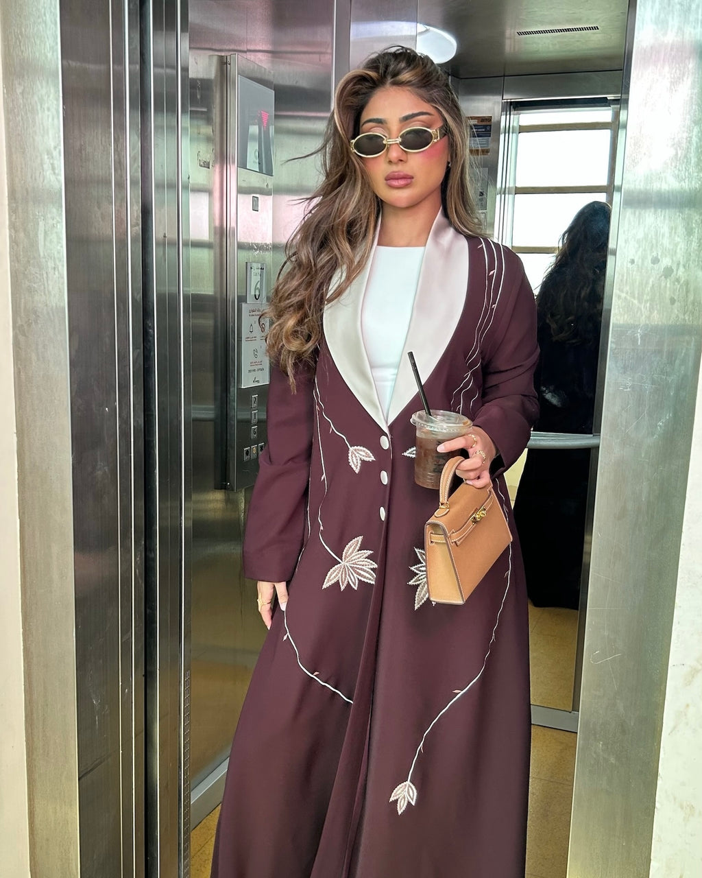Brown And Light Pink Blazer With Embroidery Abaya