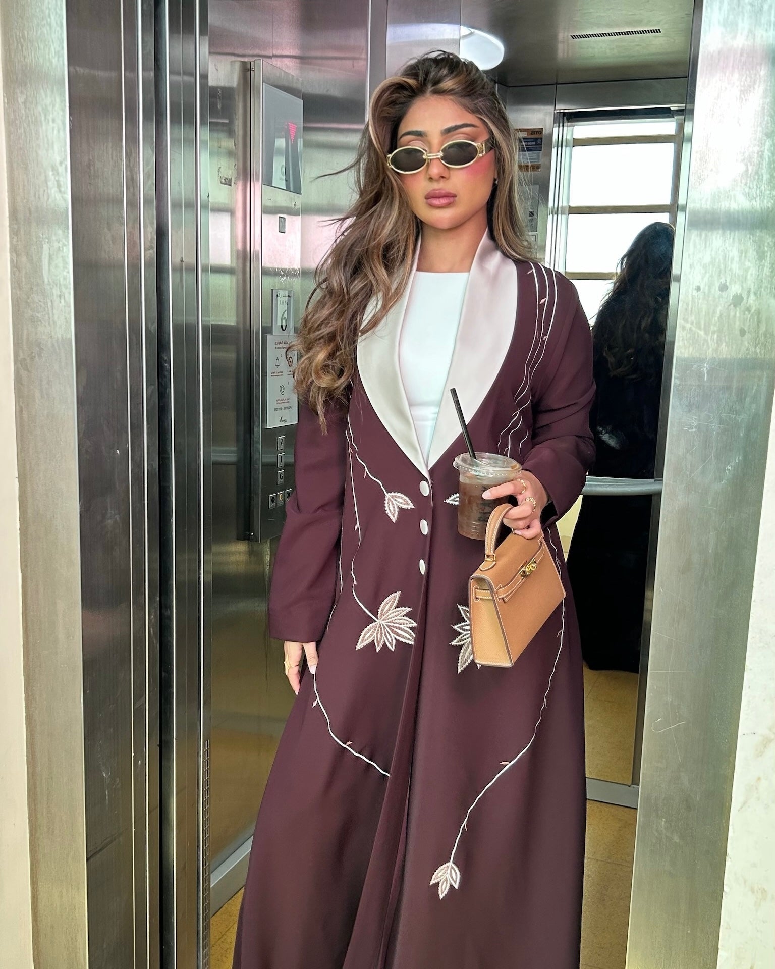 Brown And Light Pink Blazer With Embroidery Abaya